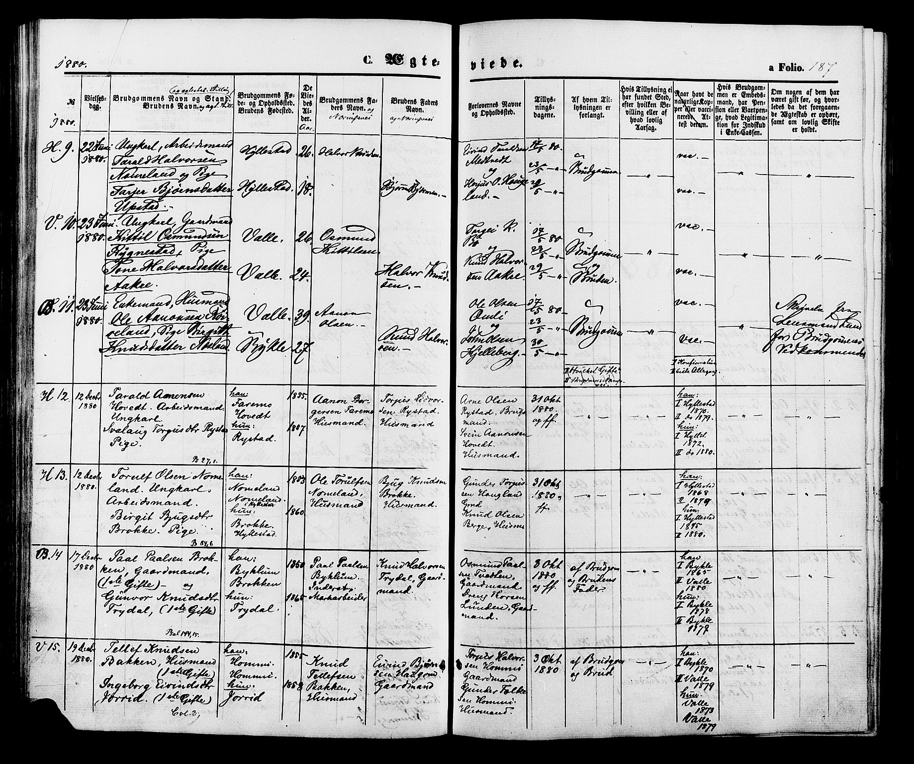 Valle sokneprestkontor, SAK/1111-0044/F/Fa/Fac/L0008: Parish register (official) no. A 8, 1868-1882, p. 187