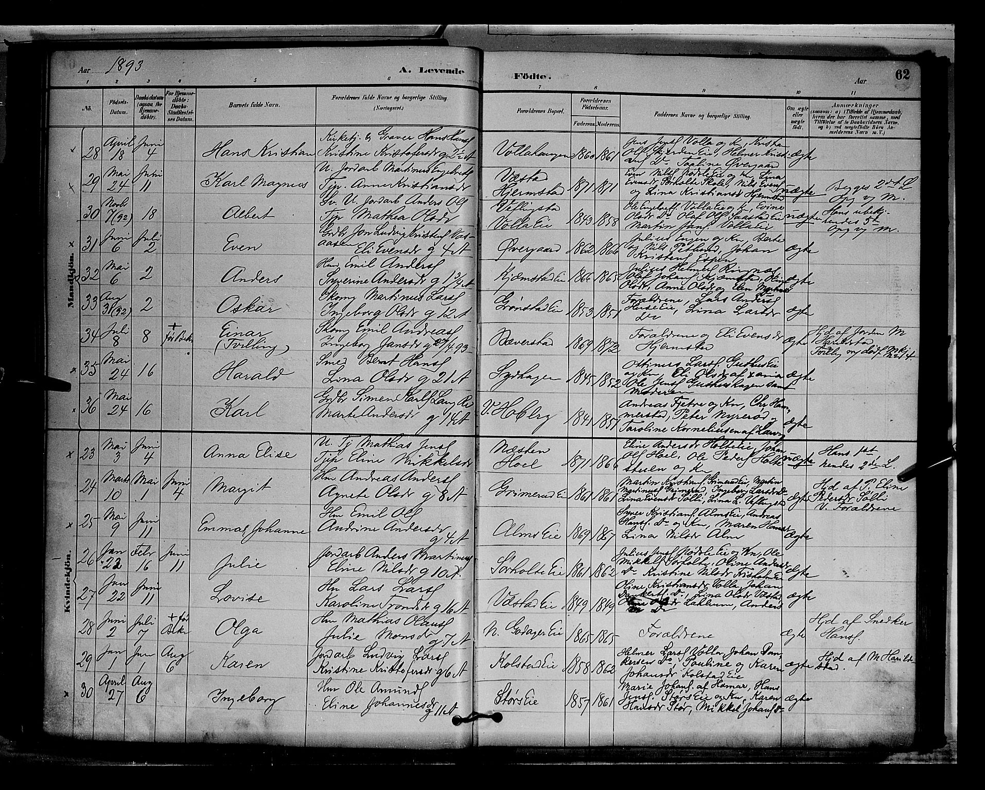 Stange prestekontor, AV/SAH-PREST-002/L/L0009: Parish register (copy) no. 9, 1883-1899, p. 62