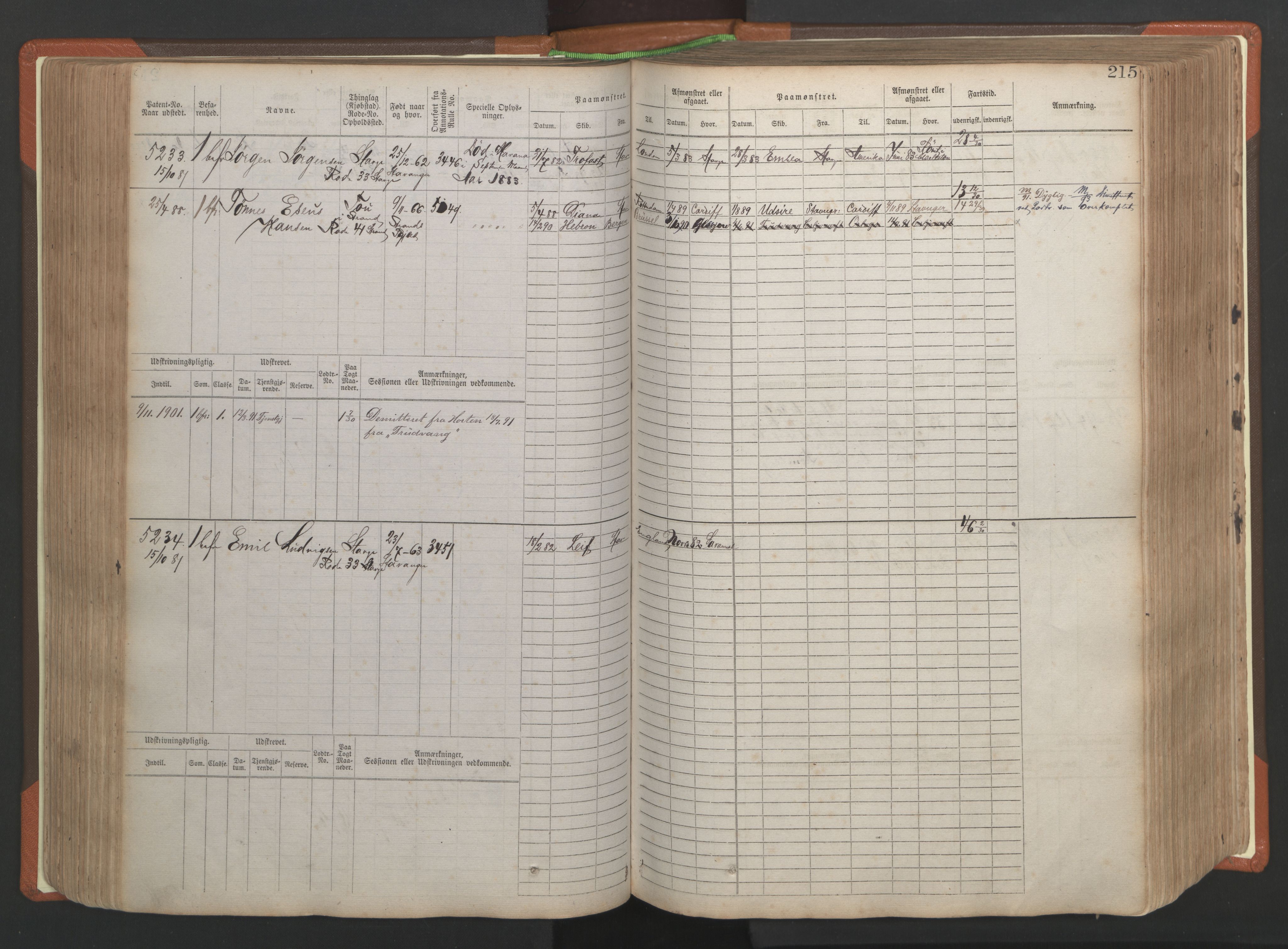 Stavanger sjømannskontor, AV/SAST-A-102006/F/Fb/Fbb/L0009: Sjøfartshovedrulle, patentnr. 4805-6006, 1879-1887, p. 221