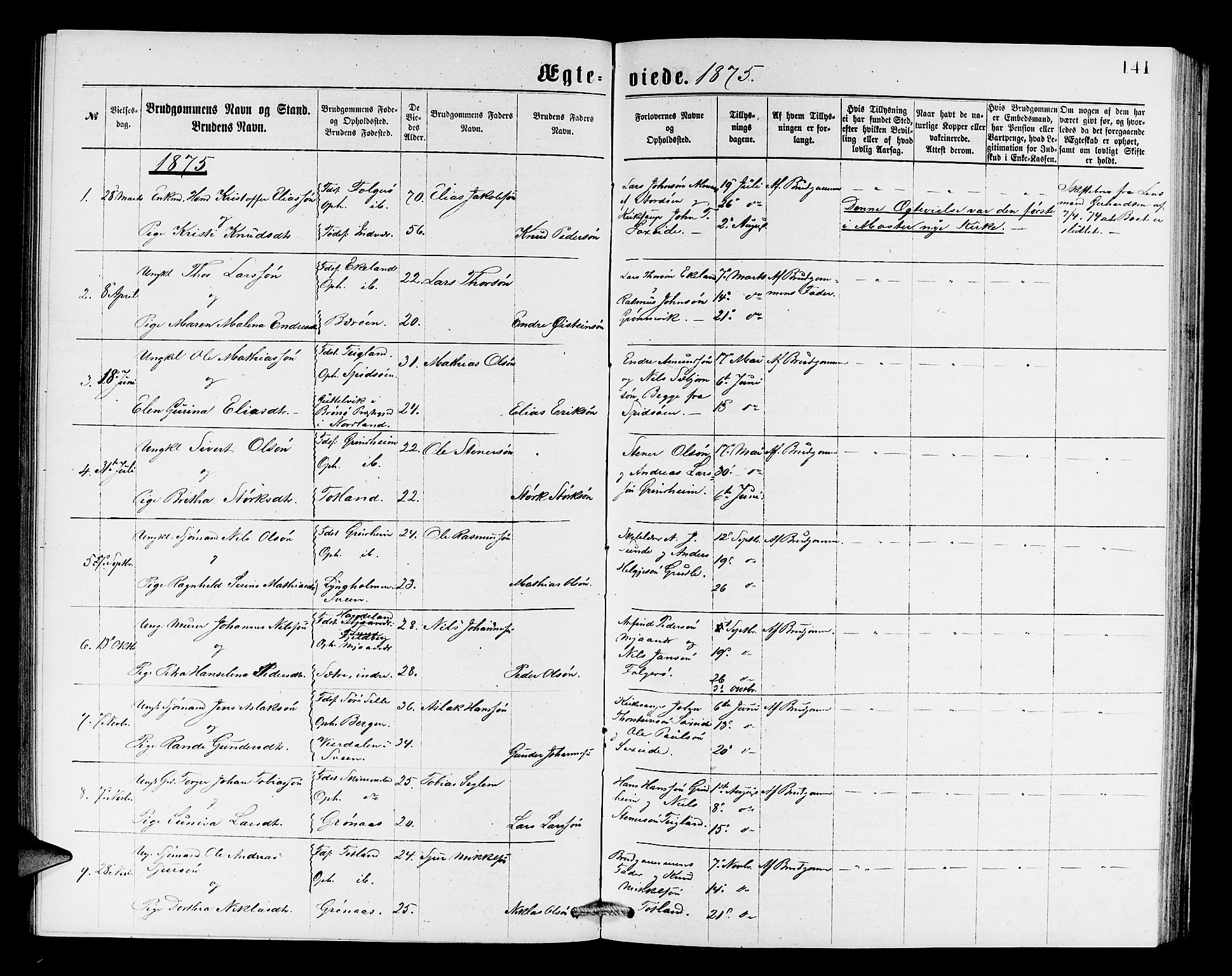 Finnås sokneprestembete, SAB/A-99925/H/Ha/Hab/Haba/L0002: Parish register (copy) no. A 2, 1873-1882, p. 141