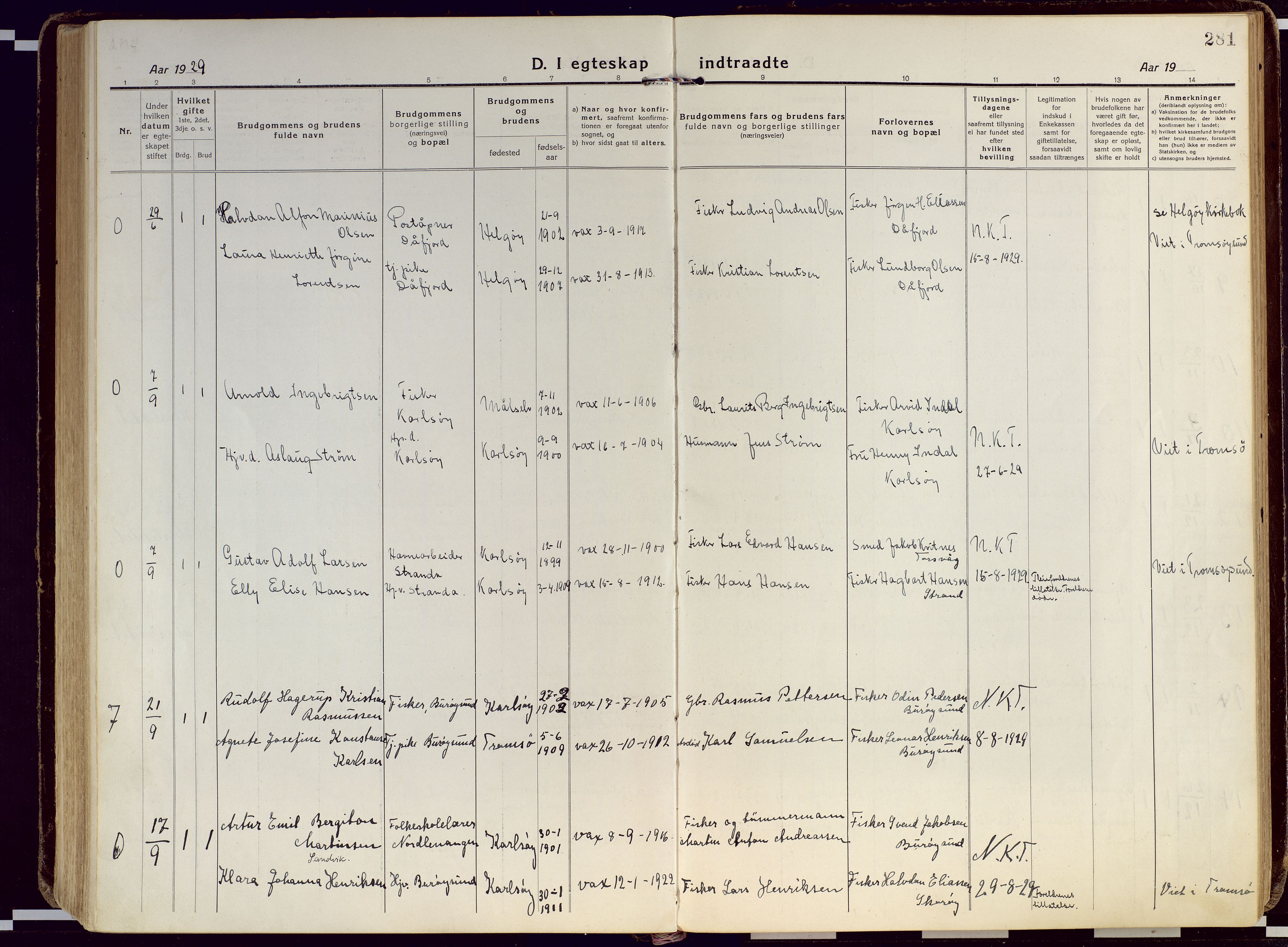 Karlsøy sokneprestembete, SATØ/S-1299/H/Ha/Haa/L0015kirke: Parish register (official) no. 15, 1918-1929, p. 281