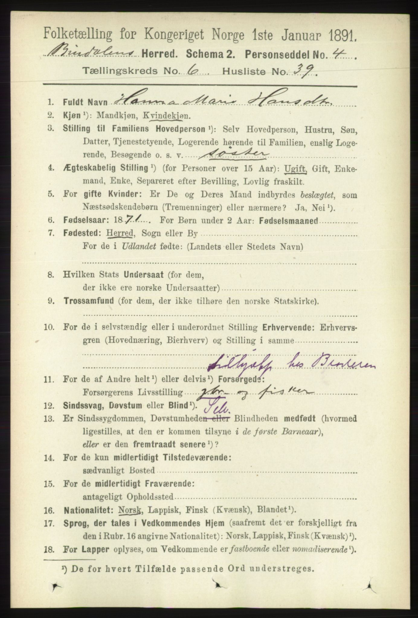 RA, 1891 census for 1811 Bindal, 1891, p. 1980