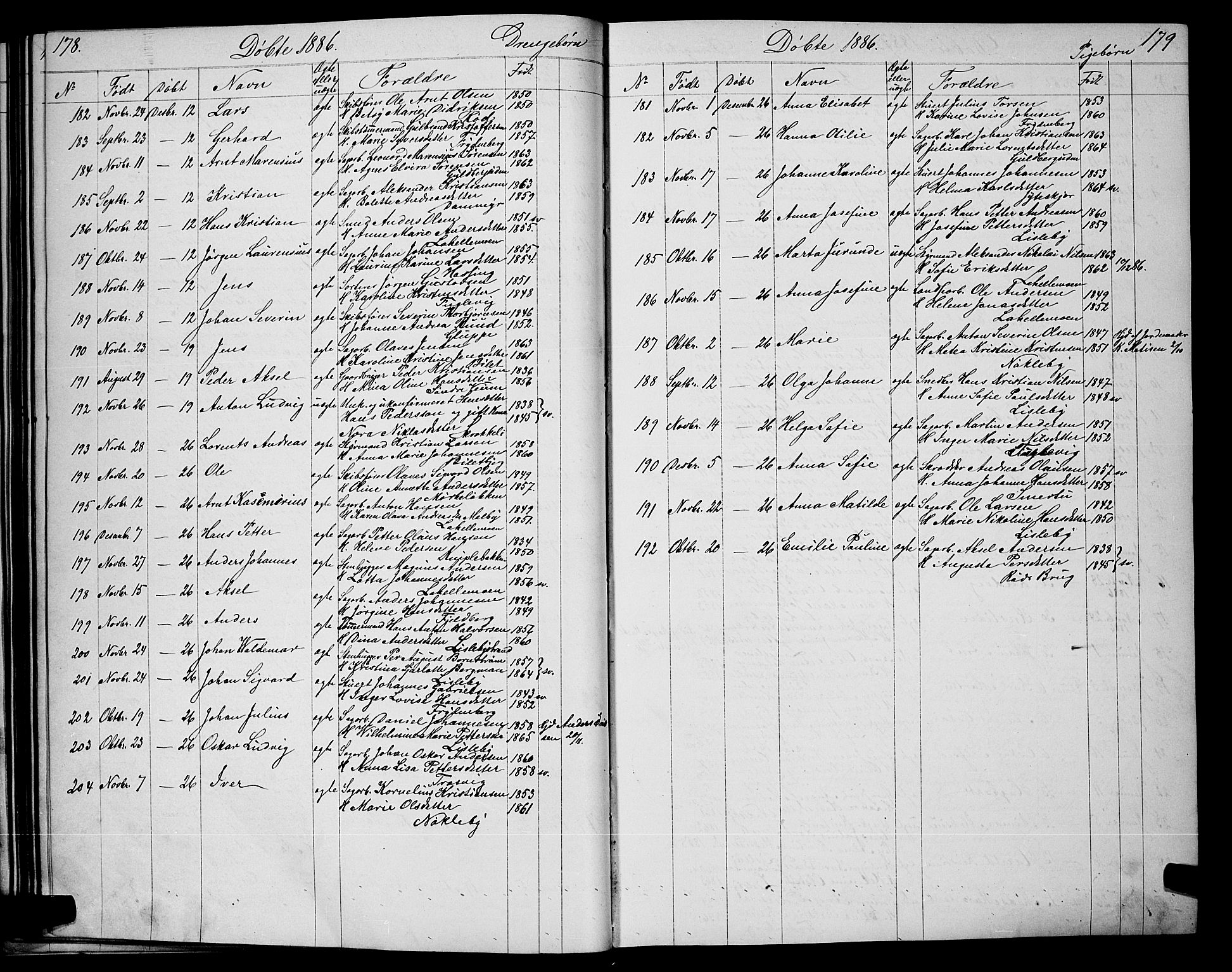 Glemmen prestekontor Kirkebøker, AV/SAO-A-10908/G/Ga/L0005: Parish register (copy) no. 5, 1876-1893, p. 178-179