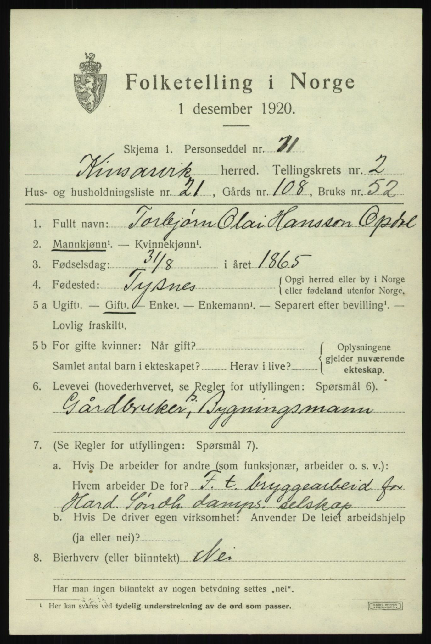 SAB, 1920 census for Kinsarvik, 1920, p. 1598