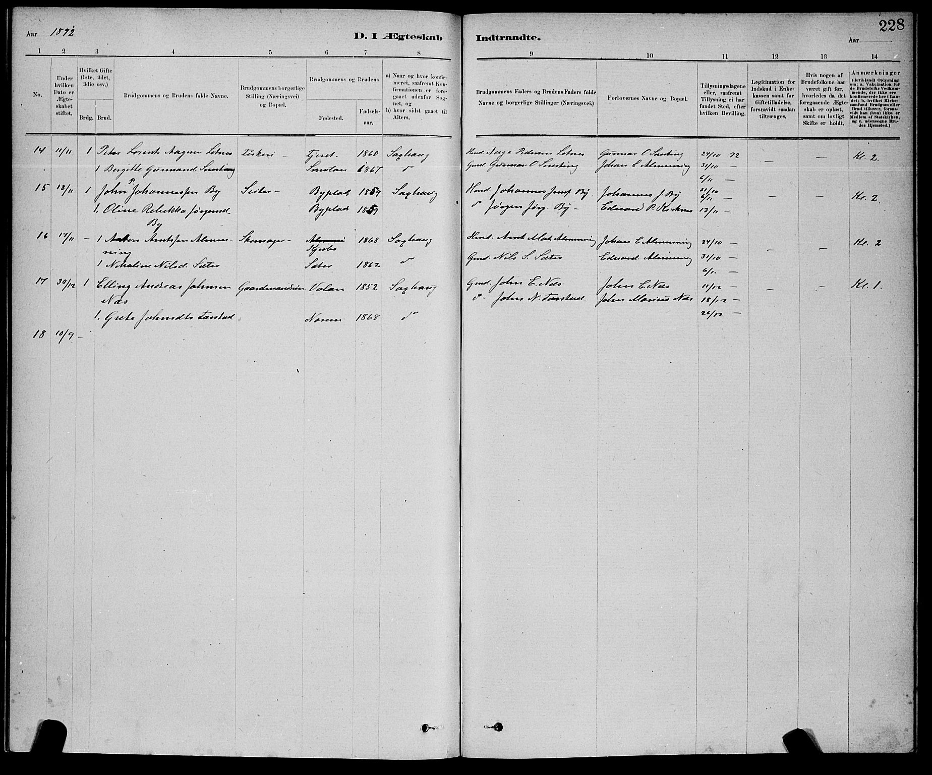 Ministerialprotokoller, klokkerbøker og fødselsregistre - Nord-Trøndelag, AV/SAT-A-1458/730/L0301: Parish register (copy) no. 730C04, 1880-1897, p. 228