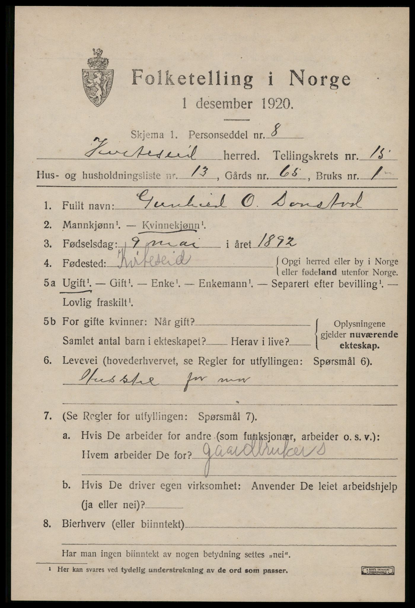 SAKO, 1920 census for Kviteseid, 1920, p. 7105