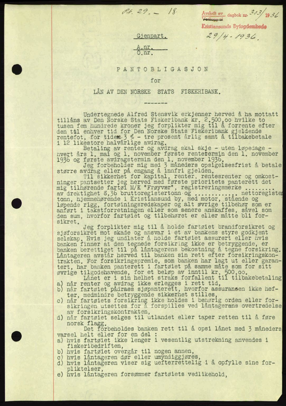 Kristiansund byfogd, AV/SAT-A-4587/A/27: Mortgage book no. 29, 1936-1937, Diary no: : 303/1936