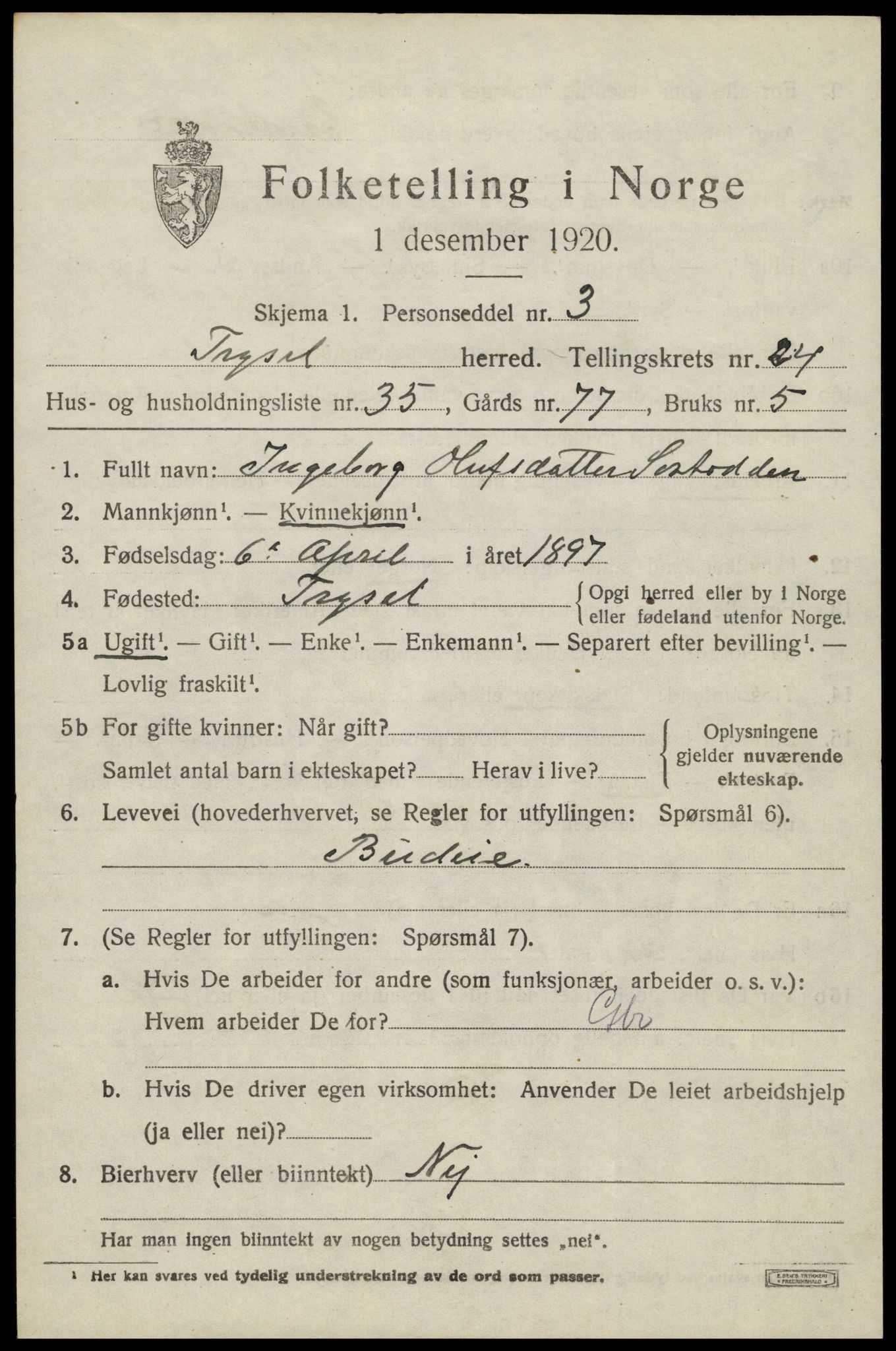 SAH, 1920 census for Trysil, 1920, p. 15659