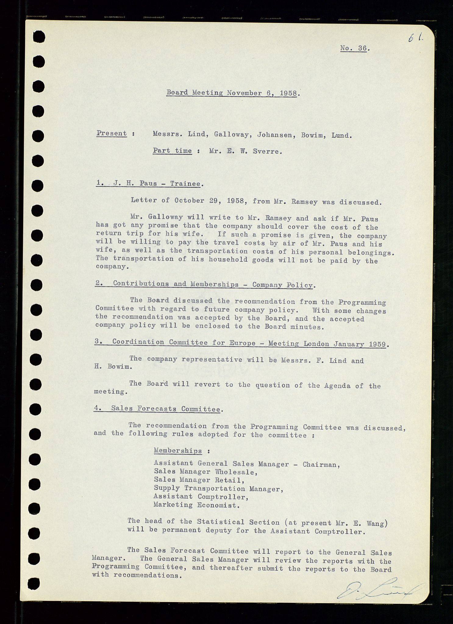 Pa 0982 - Esso Norge A/S, AV/SAST-A-100448/A/Aa/L0001/0001: Den administrerende direksjon Board minutes (styrereferater) / Den administrerende direksjon Board minutes (styrereferater), 1958-1959, p. 61