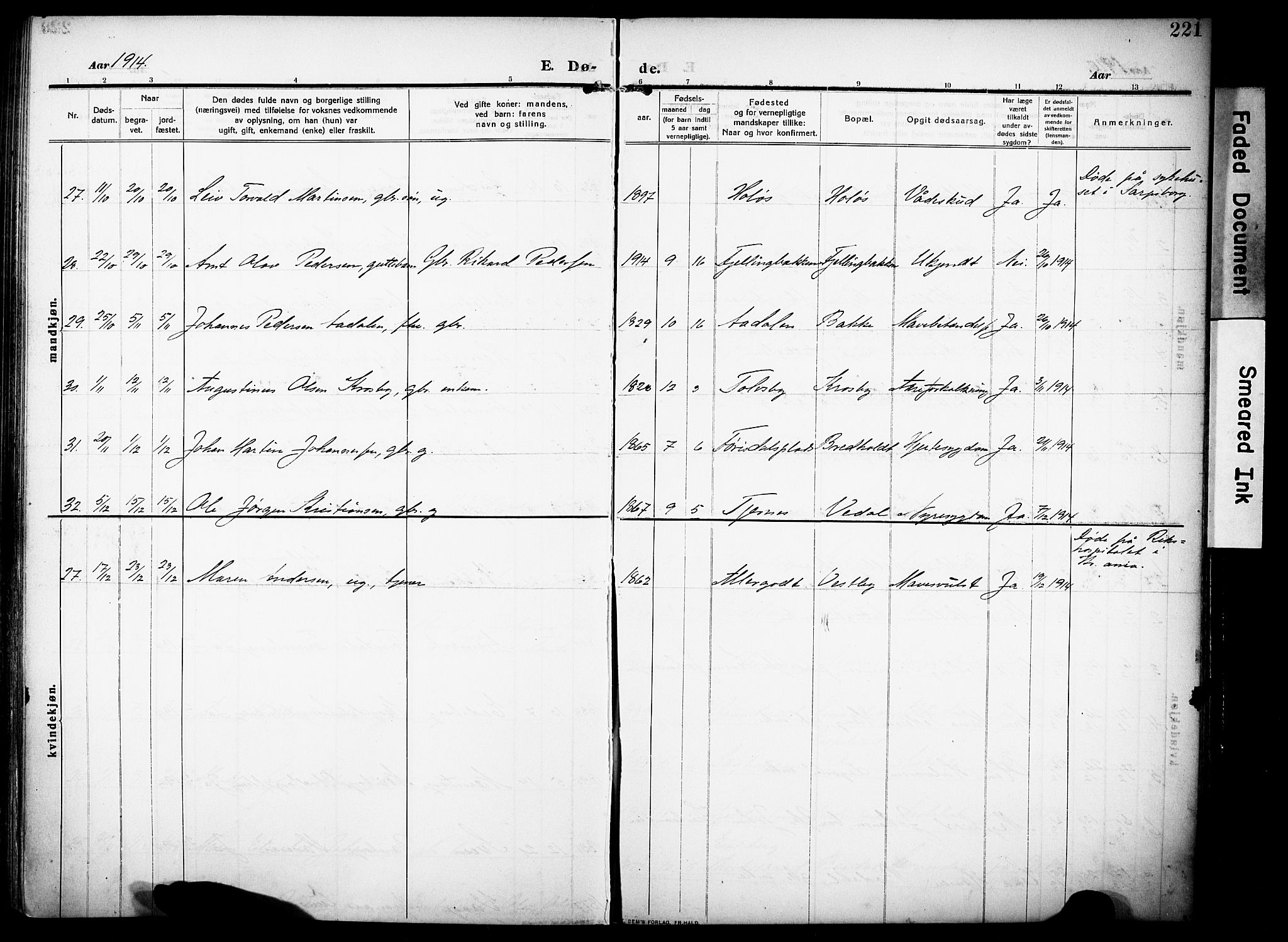 Rakkestad prestekontor Kirkebøker, AV/SAO-A-2008/F/Fa/L0015: Parish register (official) no. I 15, 1909-1922, p. 221