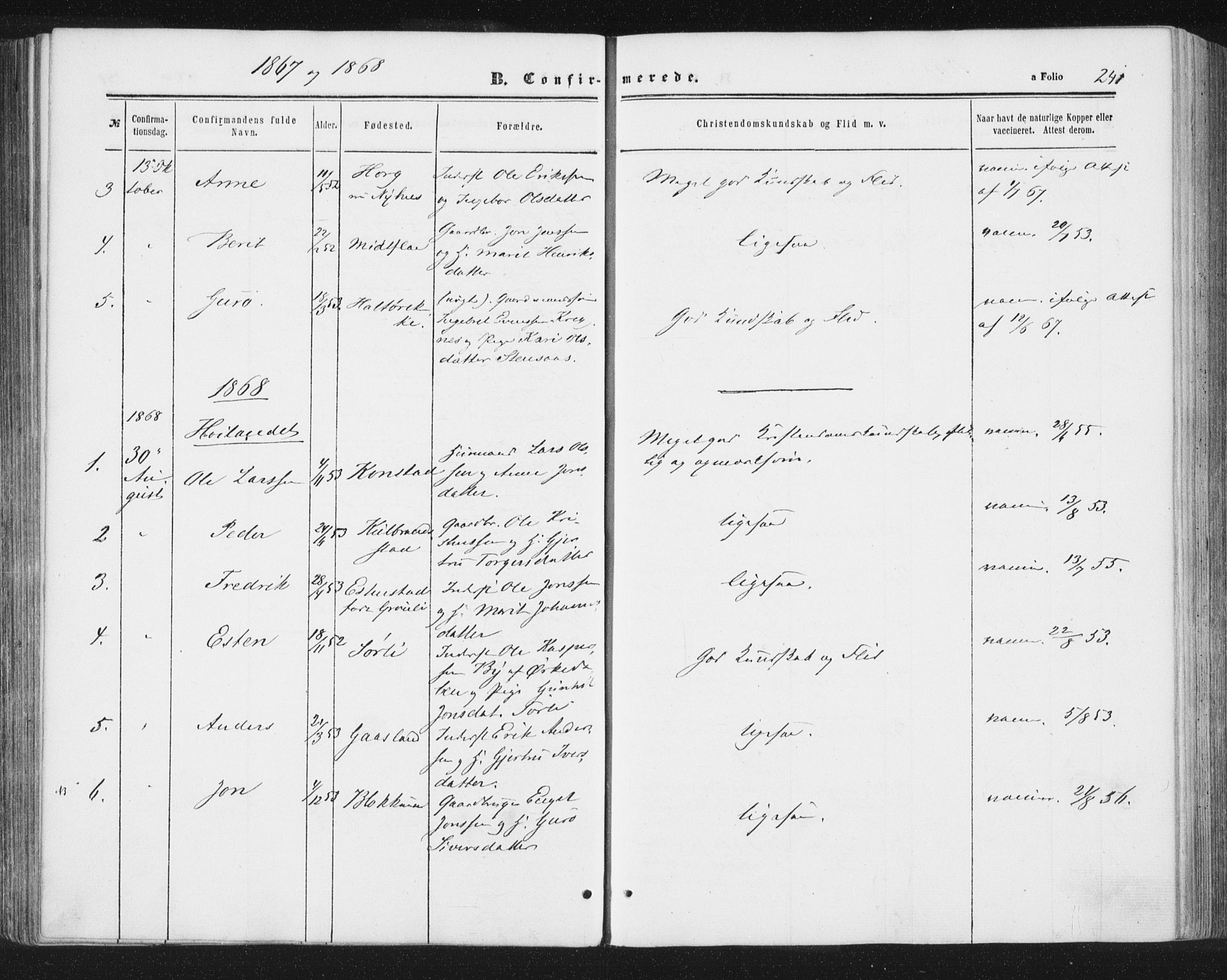 Ministerialprotokoller, klokkerbøker og fødselsregistre - Sør-Trøndelag, AV/SAT-A-1456/691/L1077: Parish register (official) no. 691A09, 1862-1873, p. 241