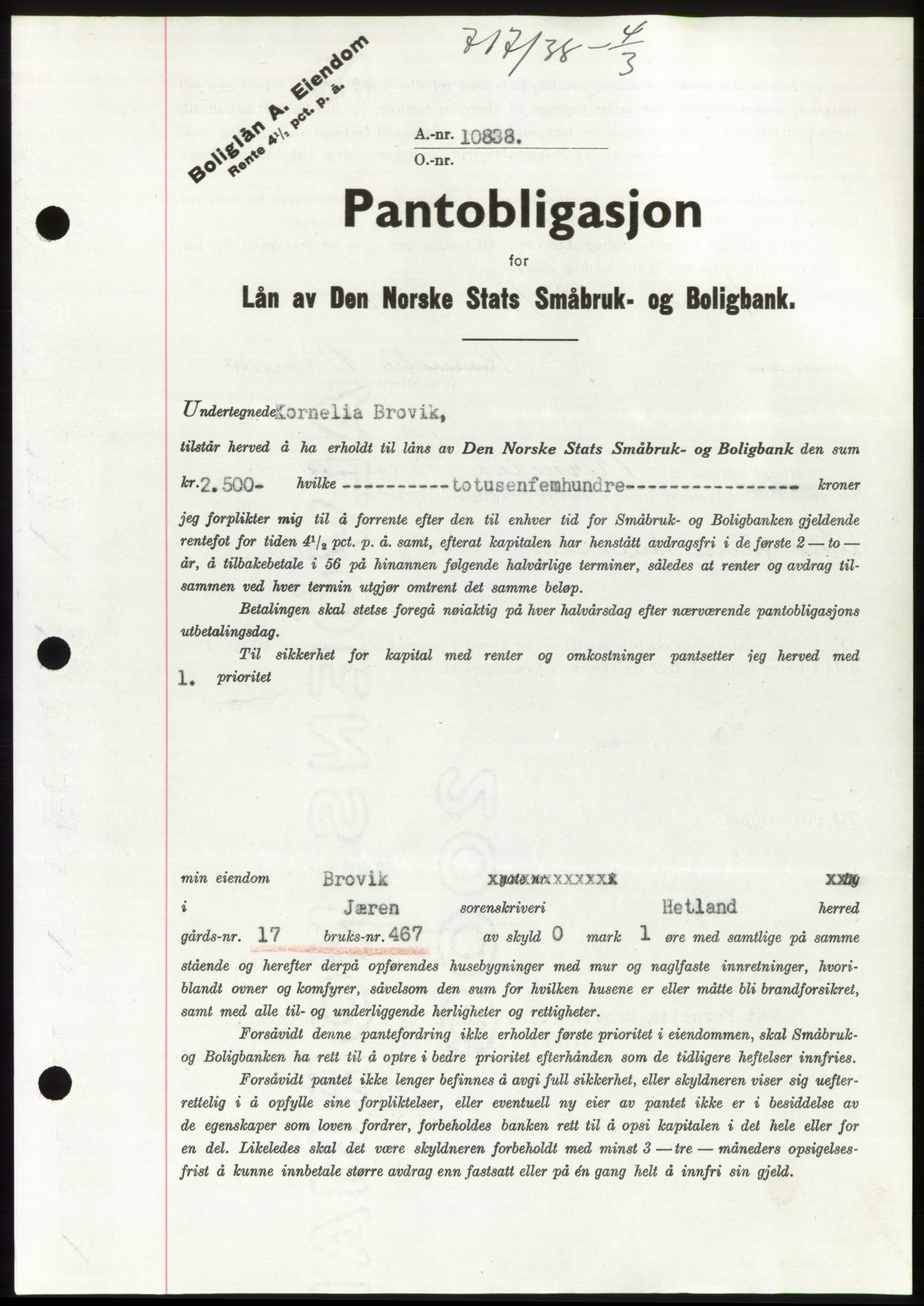 Jæren sorenskriveri, SAST/A-100310/03/G/Gba/L0070: Mortgage book, 1938-1938, Diary no: : 717/1938