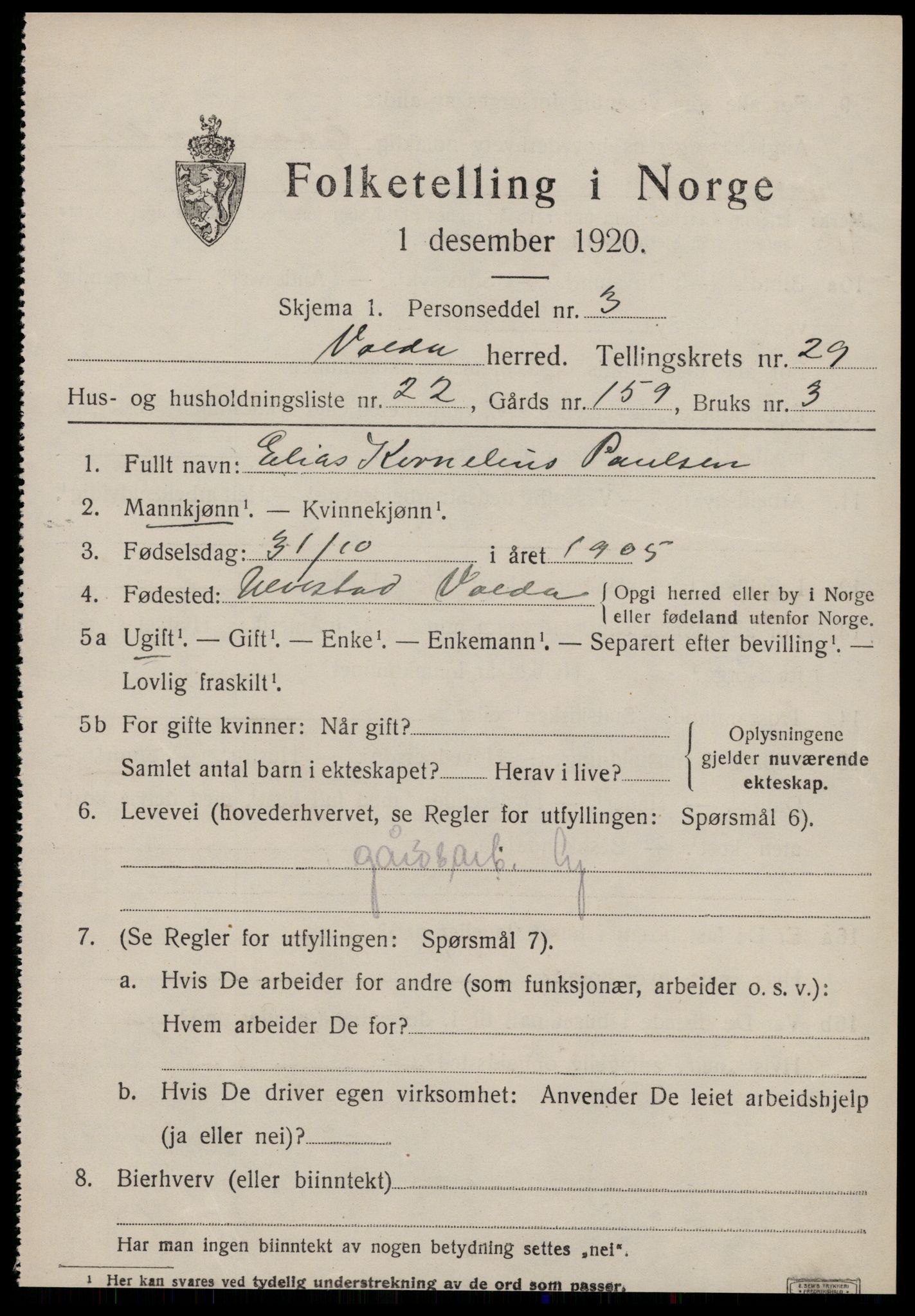 SAT, 1920 census for Volda, 1920, p. 13594