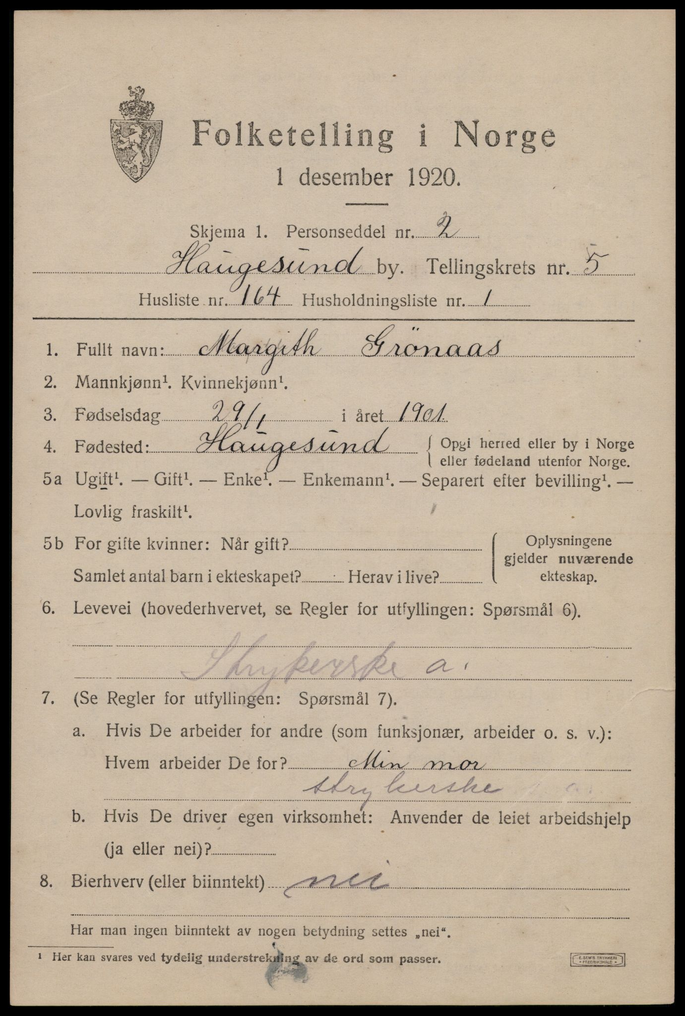 SAST, 1920 census for Haugesund, 1920, p. 21129