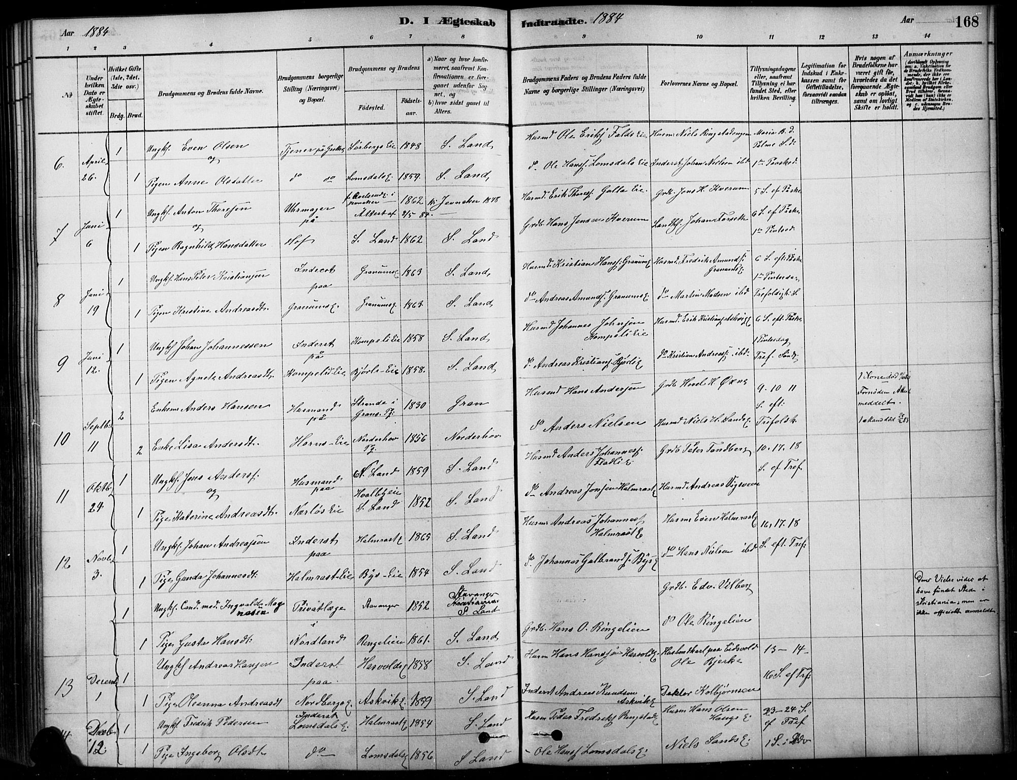 Søndre Land prestekontor, SAH/PREST-122/K/L0003: Parish register (official) no. 3, 1878-1894, p. 168