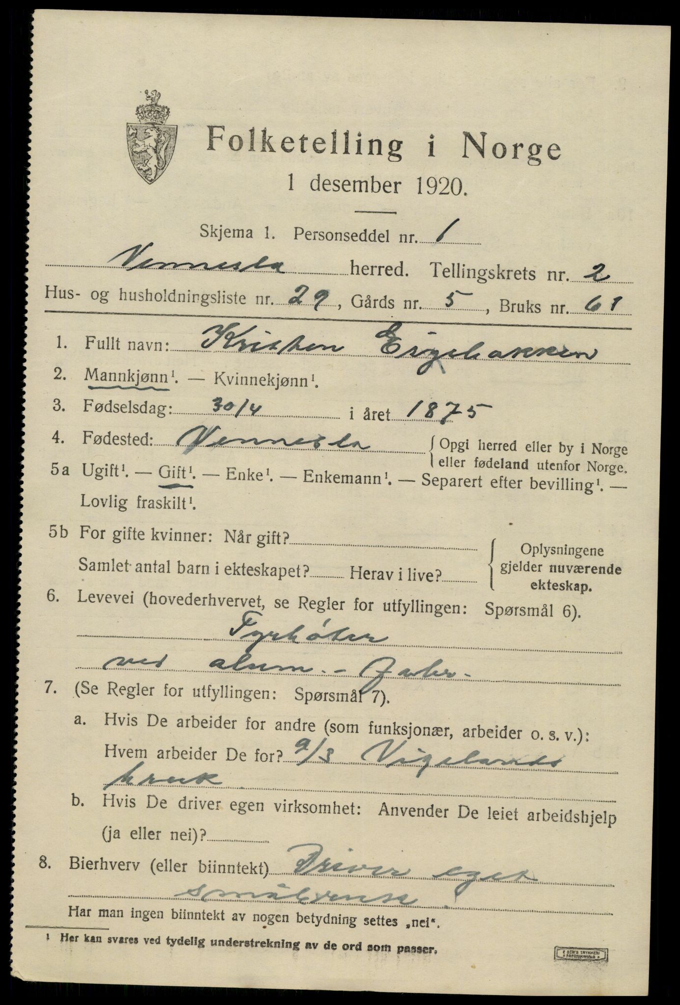 SAK, 1920 census for Vennesla, 1920, p. 1818