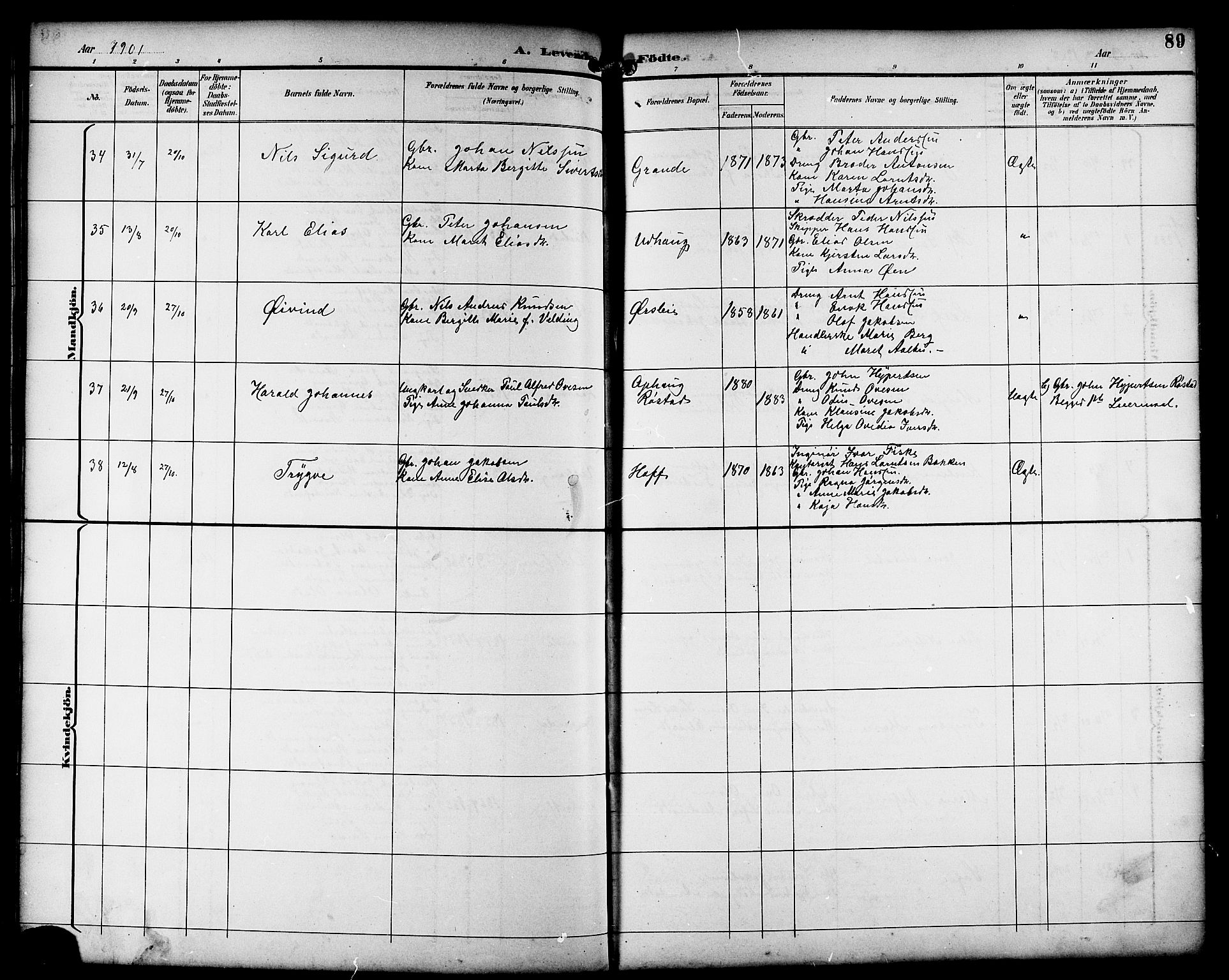 Ministerialprotokoller, klokkerbøker og fødselsregistre - Sør-Trøndelag, SAT/A-1456/659/L0746: Parish register (copy) no. 659C03, 1893-1912, p. 89