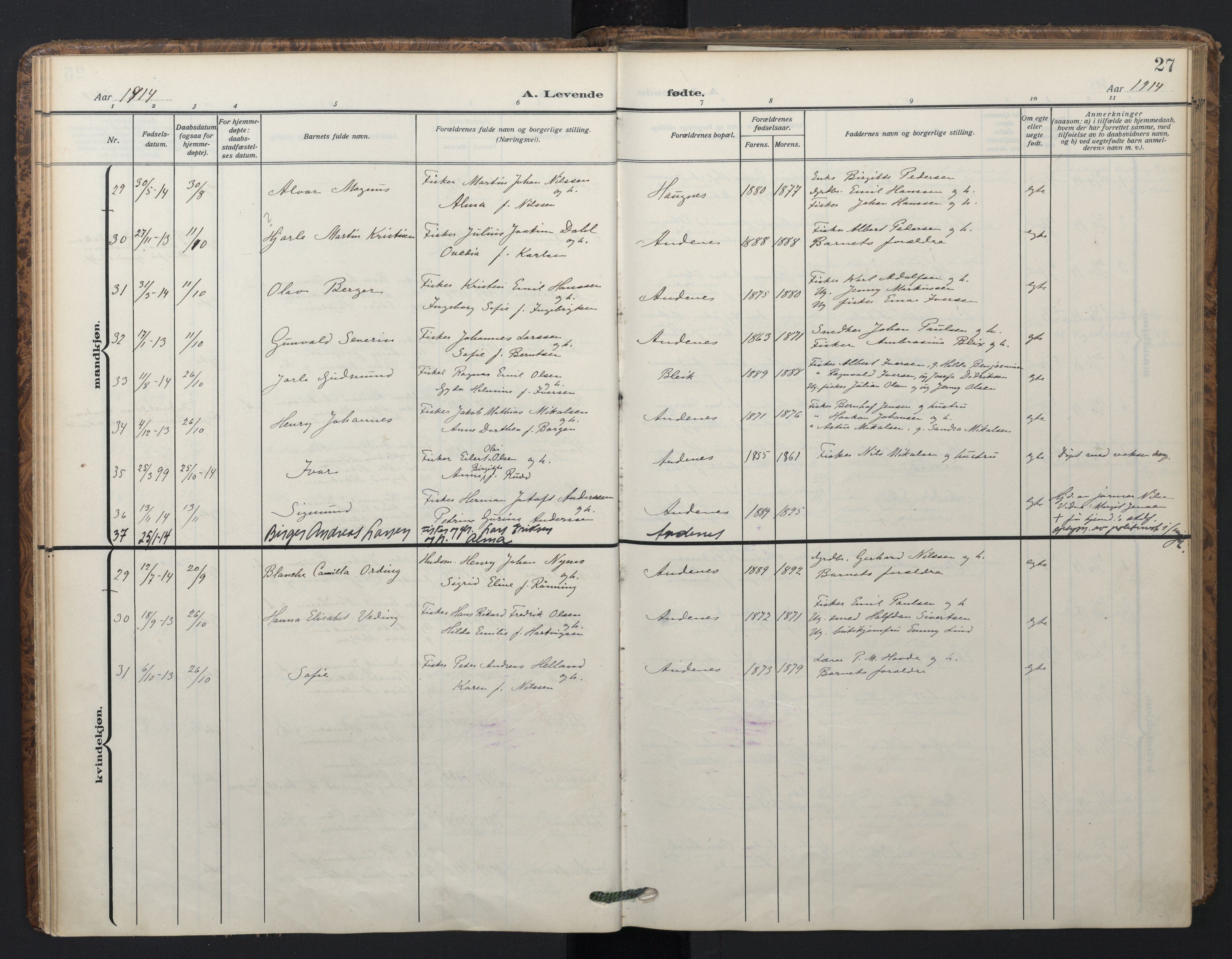 Ministerialprotokoller, klokkerbøker og fødselsregistre - Nordland, AV/SAT-A-1459/899/L1438: Parish register (official) no. 899A06, 1909-1922, p. 27