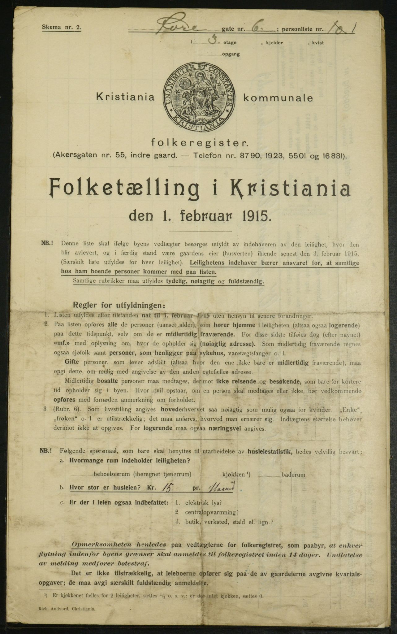 OBA, Municipal Census 1915 for Kristiania, 1915, p. 130456