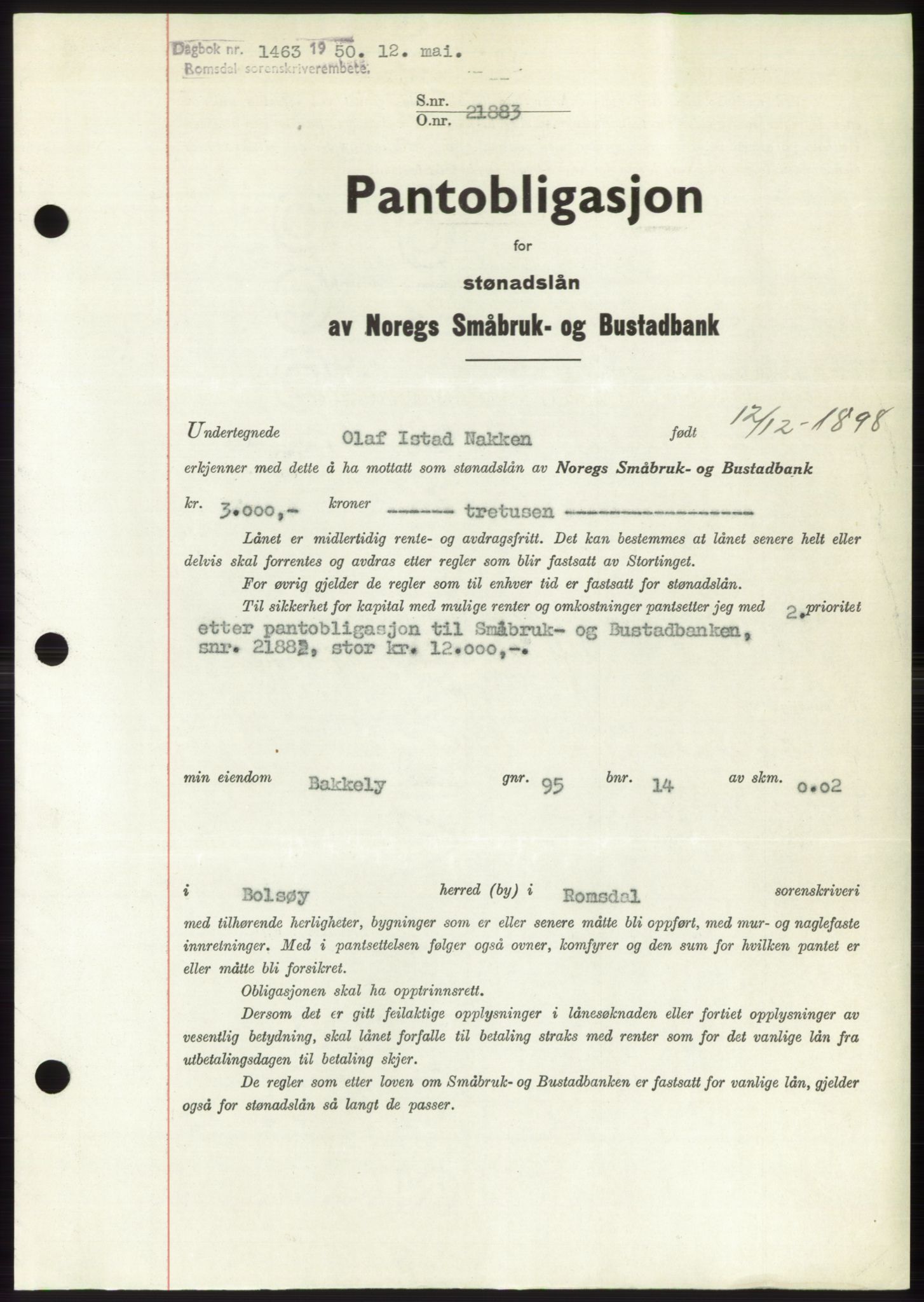 Romsdal sorenskriveri, AV/SAT-A-4149/1/2/2C: Mortgage book no. B5, 1949-1950, Diary no: : 1463/1950