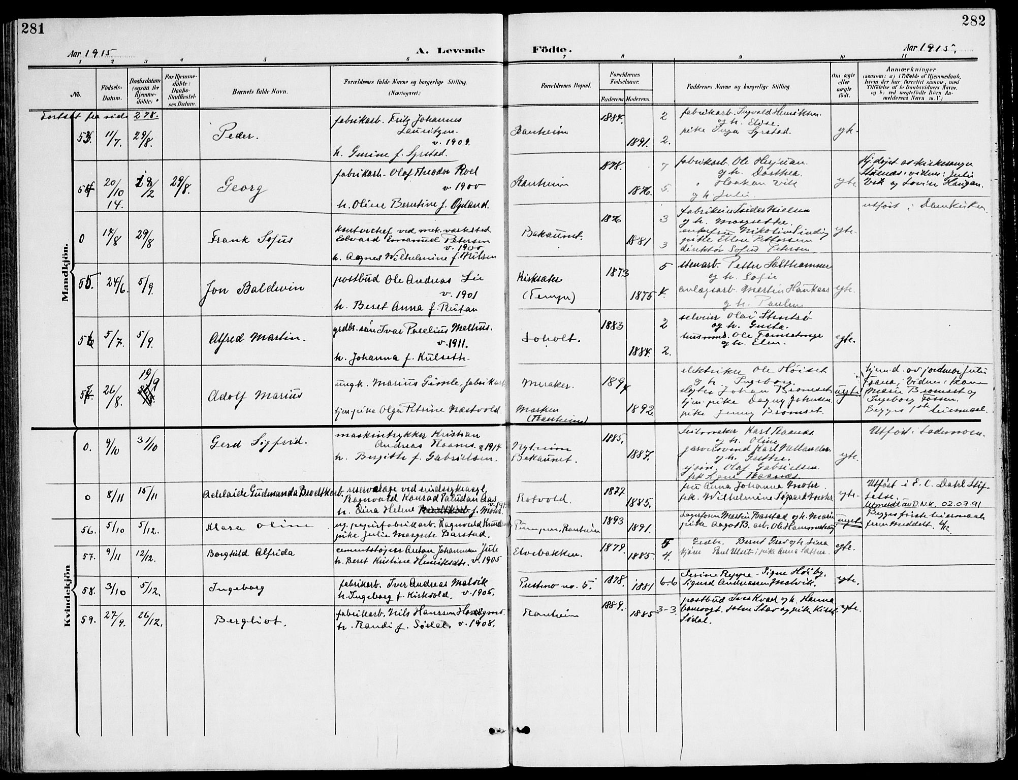 Ministerialprotokoller, klokkerbøker og fødselsregistre - Sør-Trøndelag, SAT/A-1456/607/L0320: Parish register (official) no. 607A04, 1907-1915, p. 281-282