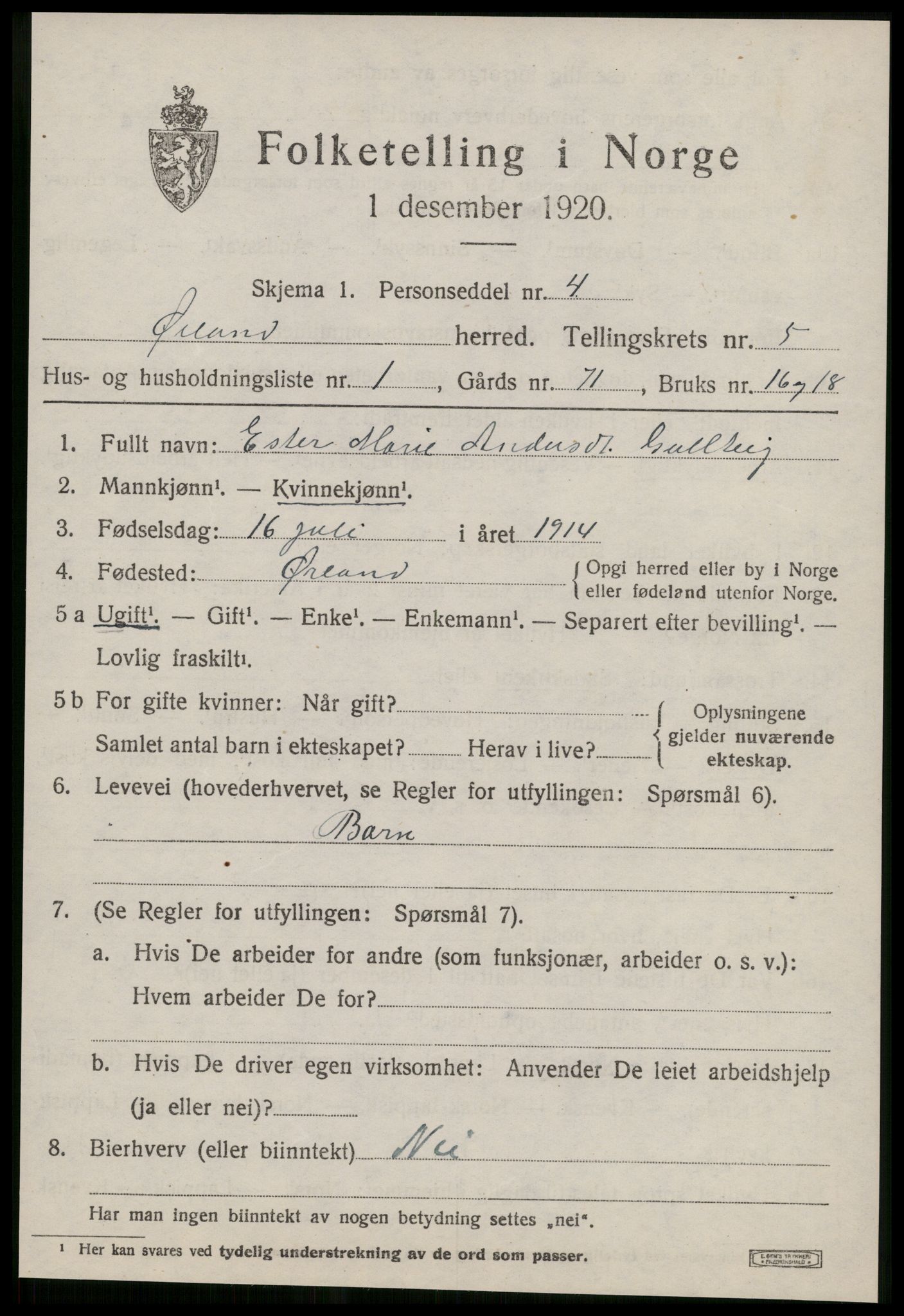 SAT, 1920 census for Ørland, 1920, p. 4489