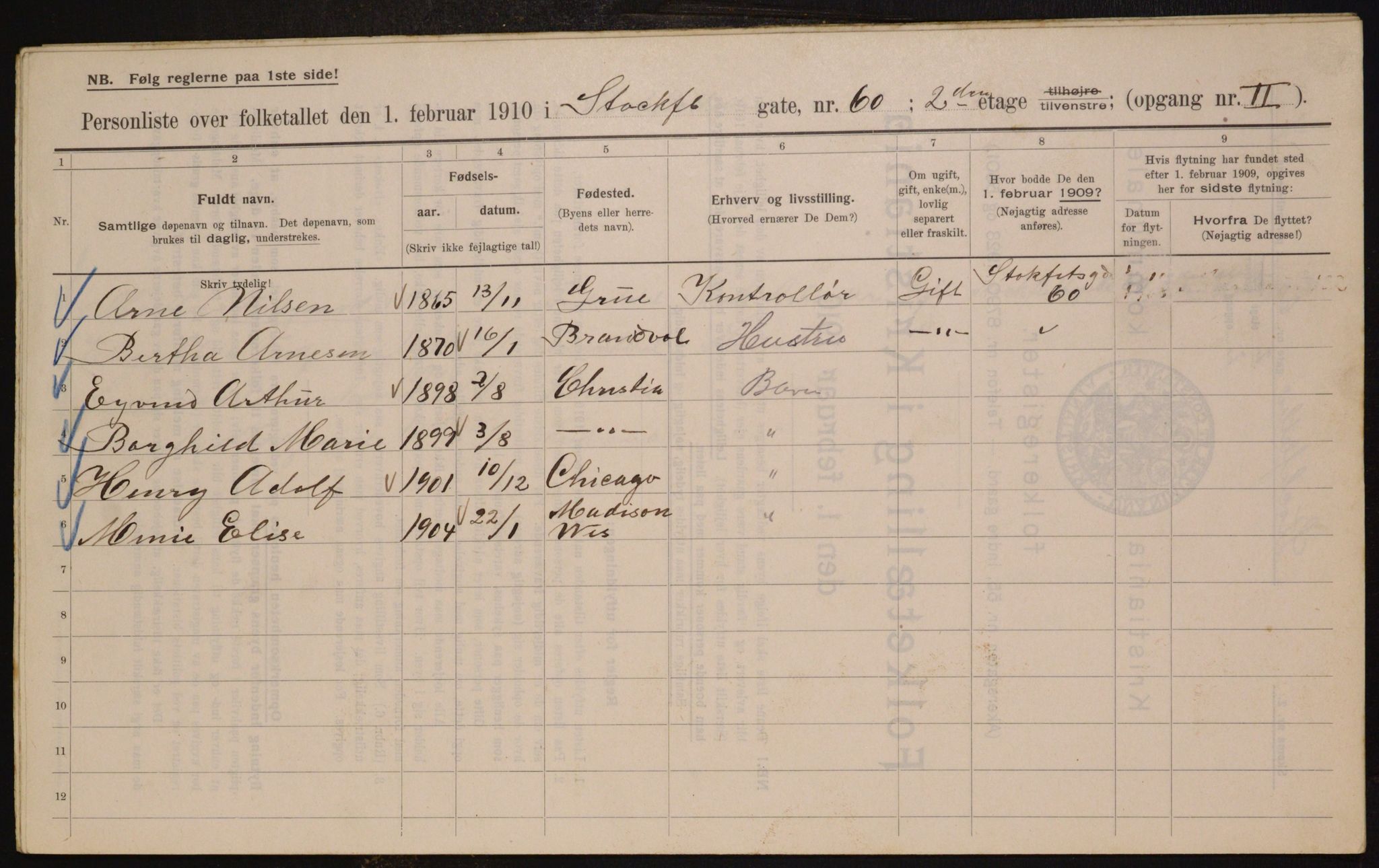 OBA, Municipal Census 1910 for Kristiania, 1910, p. 97210