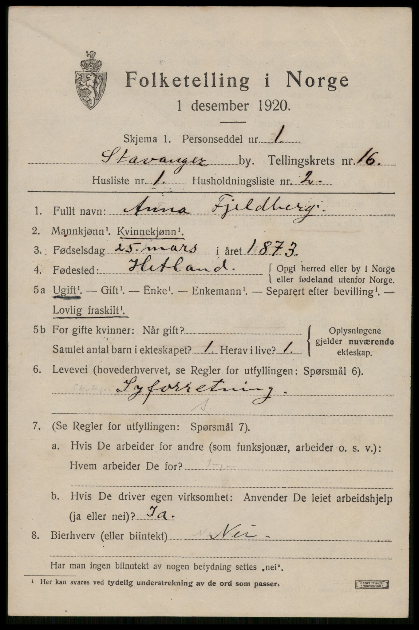 SAST, 1920 census for Stavanger, 1920, p. 63180