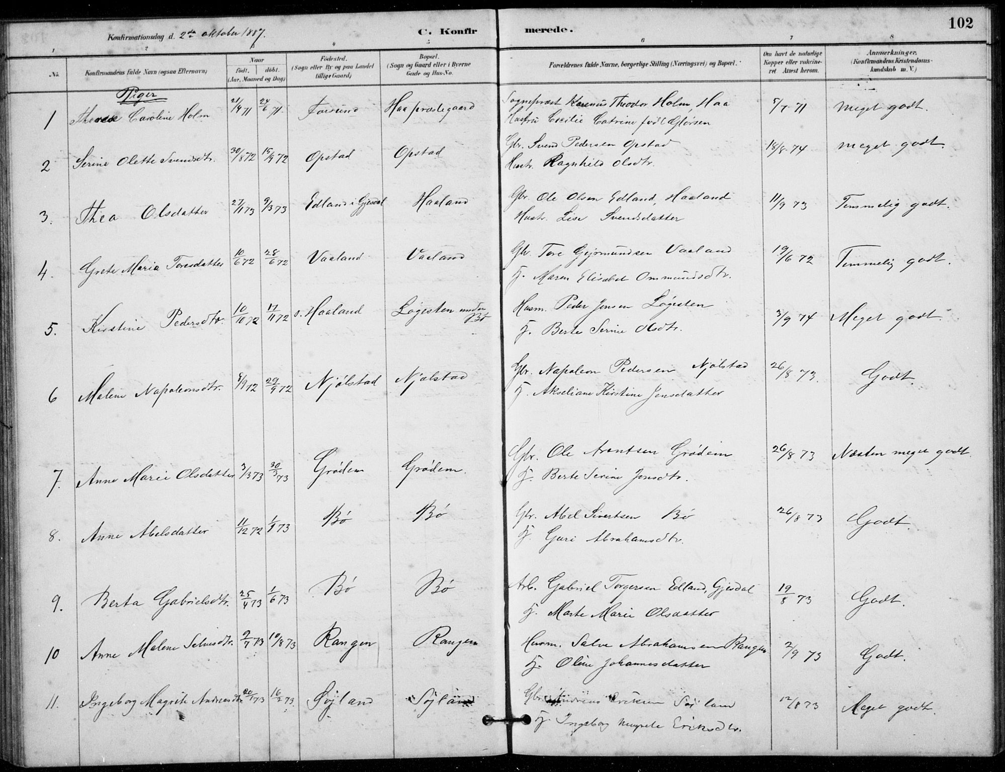 Hå sokneprestkontor, AV/SAST-A-101801/001/30BB/L0003: Parish register (copy) no. B 3, 1883-1894, p. 102