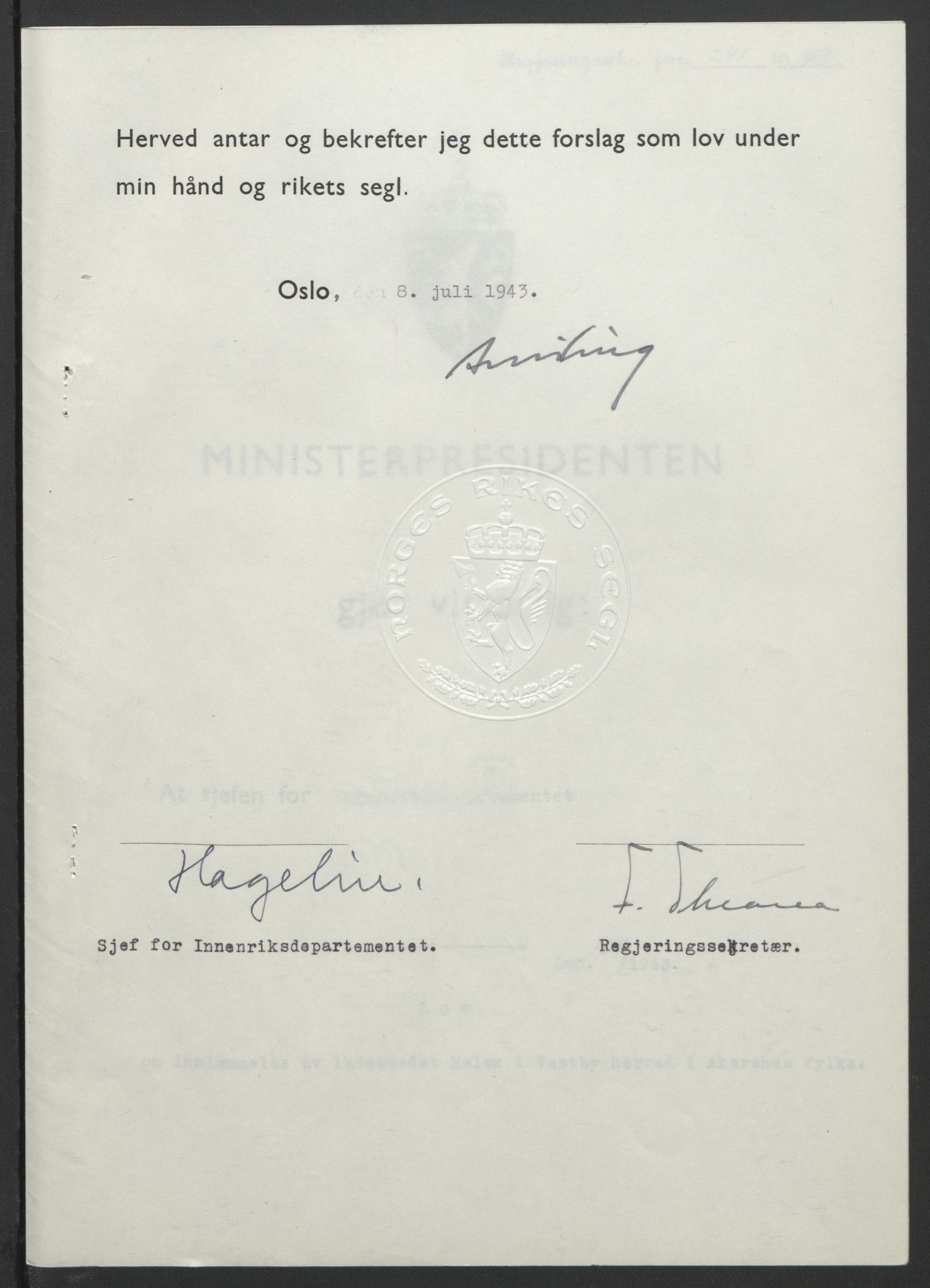 NS-administrasjonen 1940-1945 (Statsrådsekretariatet, de kommisariske statsråder mm), RA/S-4279/D/Db/L0099: Lover, 1943, p. 486
