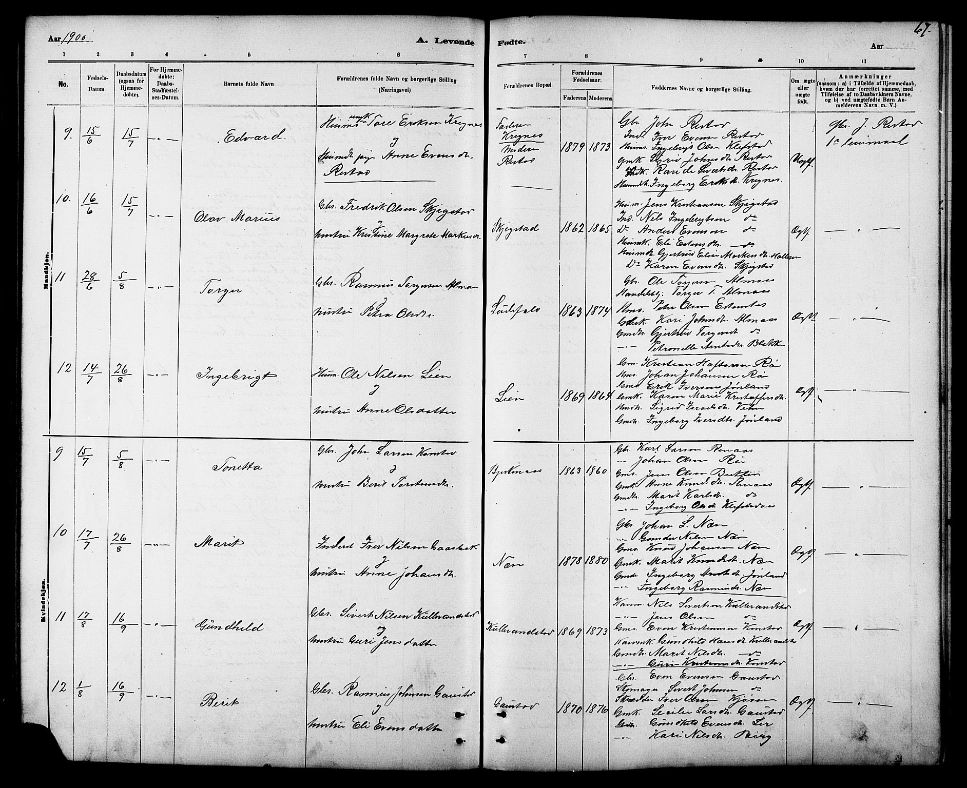 Ministerialprotokoller, klokkerbøker og fødselsregistre - Sør-Trøndelag, SAT/A-1456/694/L1132: Parish register (copy) no. 694C04, 1887-1914, p. 67