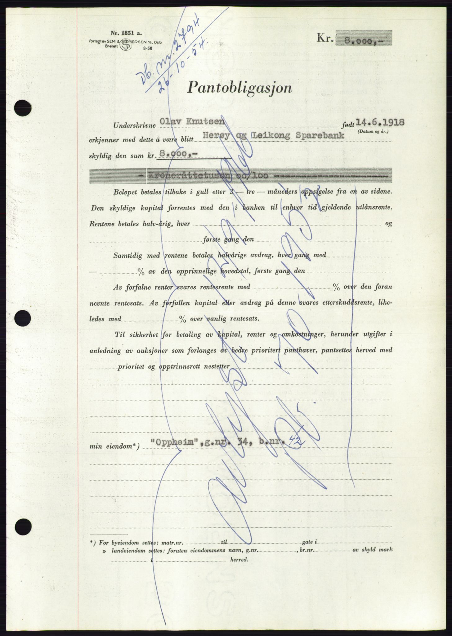 Søre Sunnmøre sorenskriveri, AV/SAT-A-4122/1/2/2C/L0126: Mortgage book no. 14B, 1954-1955, Diary no: : 2794/1954