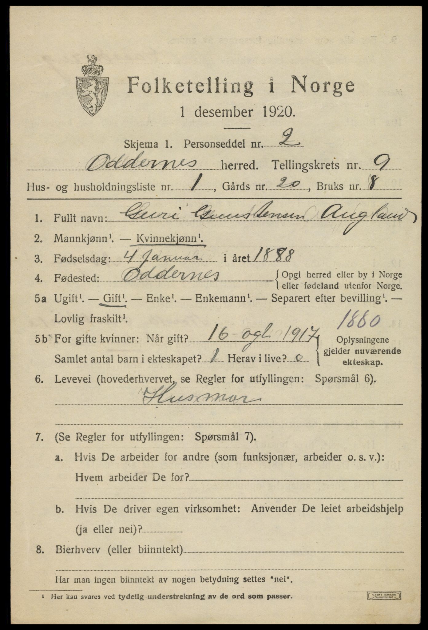 SAK, 1920 census for Oddernes, 1920, p. 6045