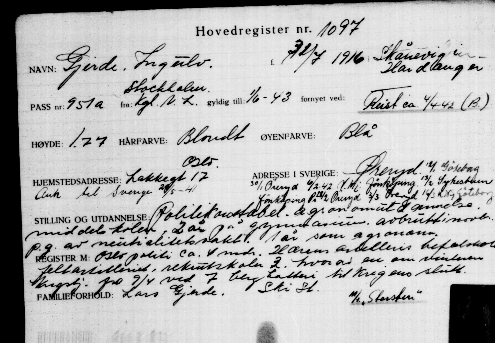 Utenriksstasjonene, Legasjonen i Stockholm, Flyktningkontoret, AV/RA-S-6753/V/Va/L0002: Kjesäterkartoteket, flyktninger med registreringsnr. 1001-2000, 1940-1945, p. 161