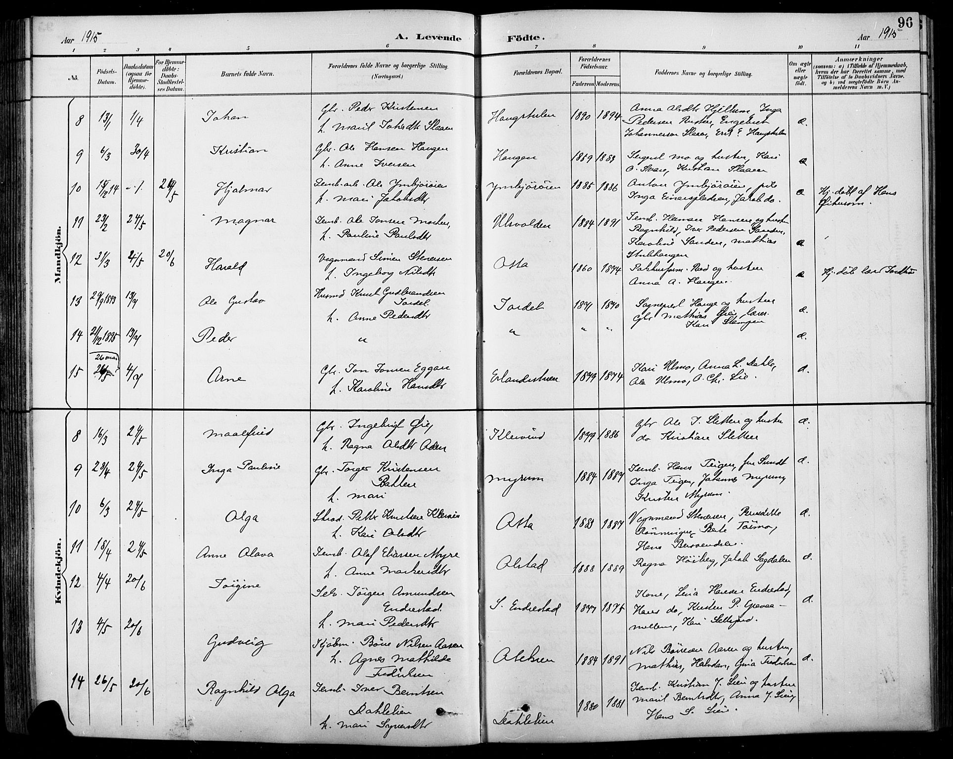 Sel prestekontor, SAH/PREST-074/H/Ha/Hab/L0001: Parish register (copy) no. 1, 1894-1923, p. 96