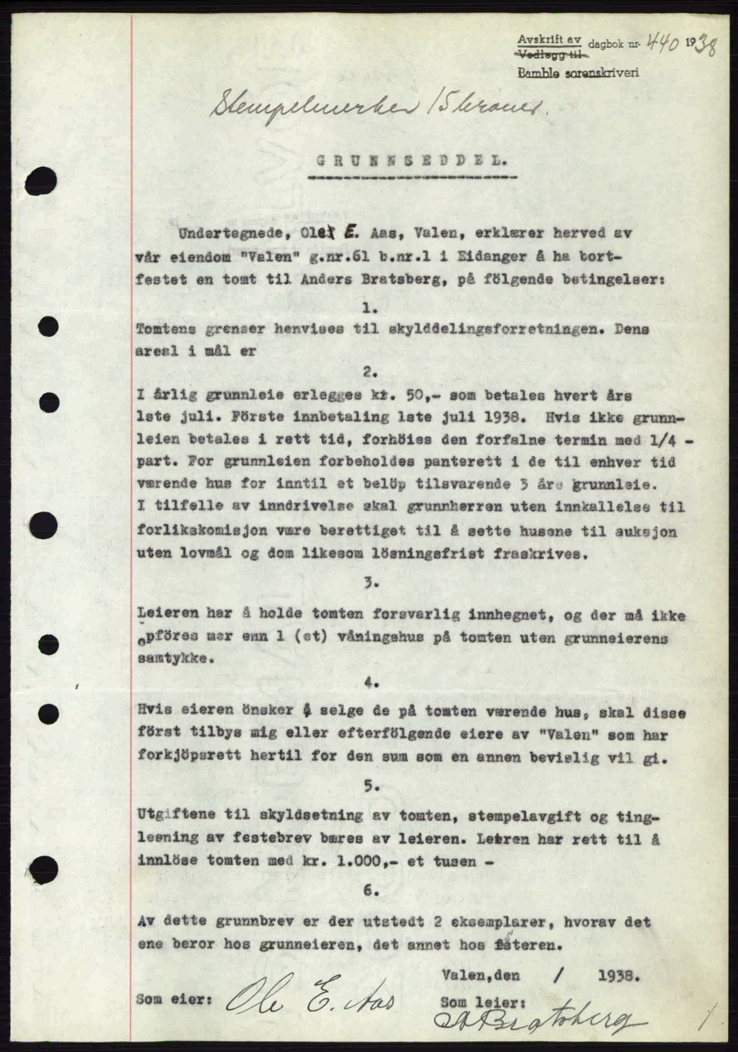 Bamble sorenskriveri, AV/SAKO-A-214/G/Ga/Gag/L0002: Mortgage book no. A-2, 1937-1938, Diary no: : 440/1938