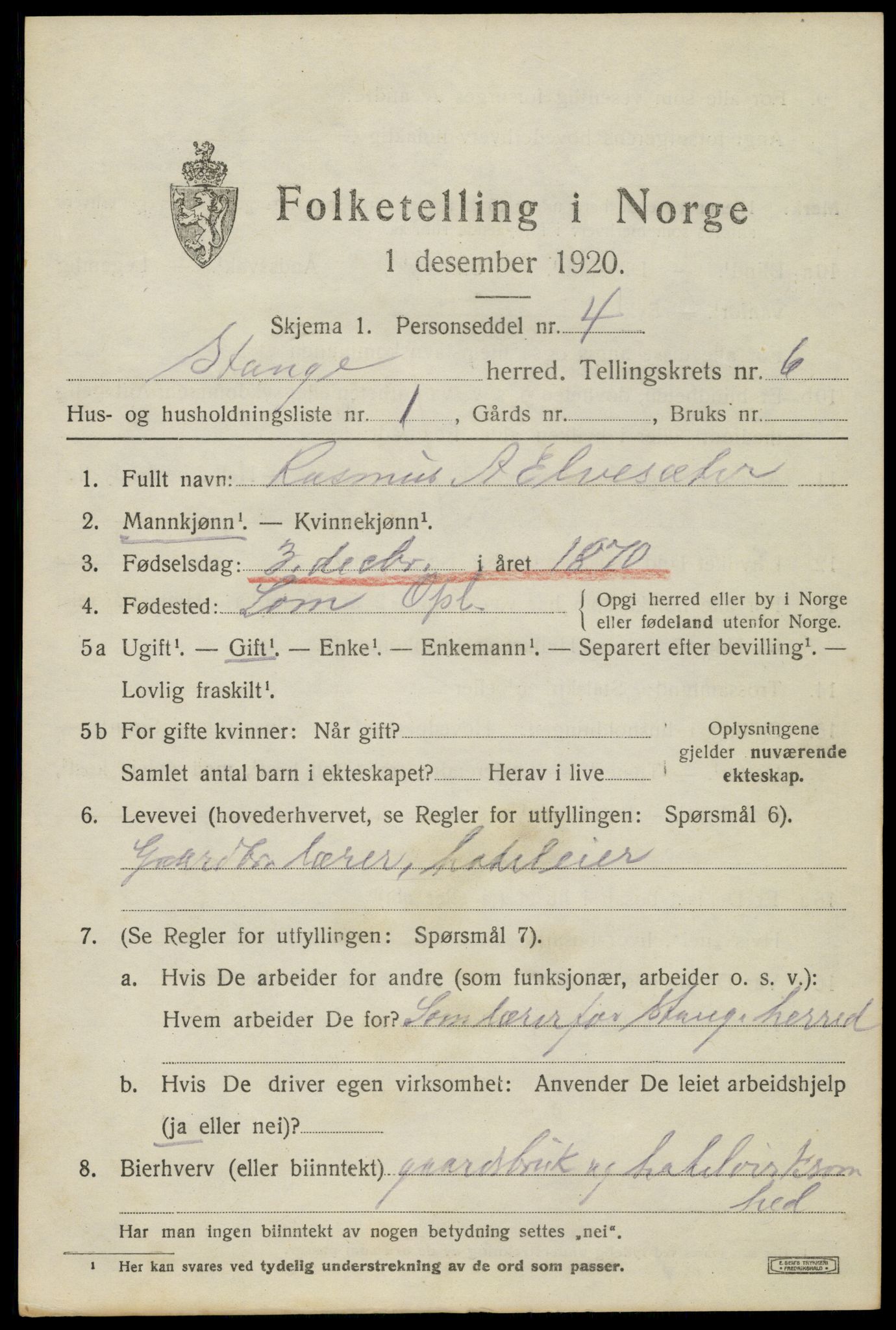 SAH, 1920 census for Stange, 1920, p. 10601