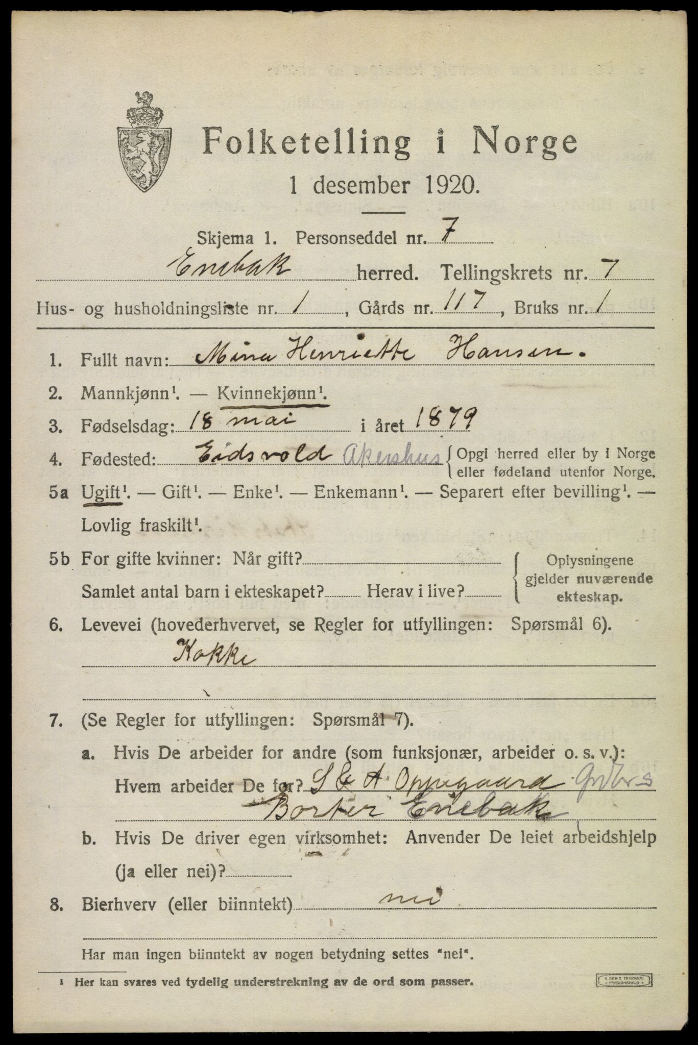 SAO, 1920 census for Enebakk, 1920, p. 6097