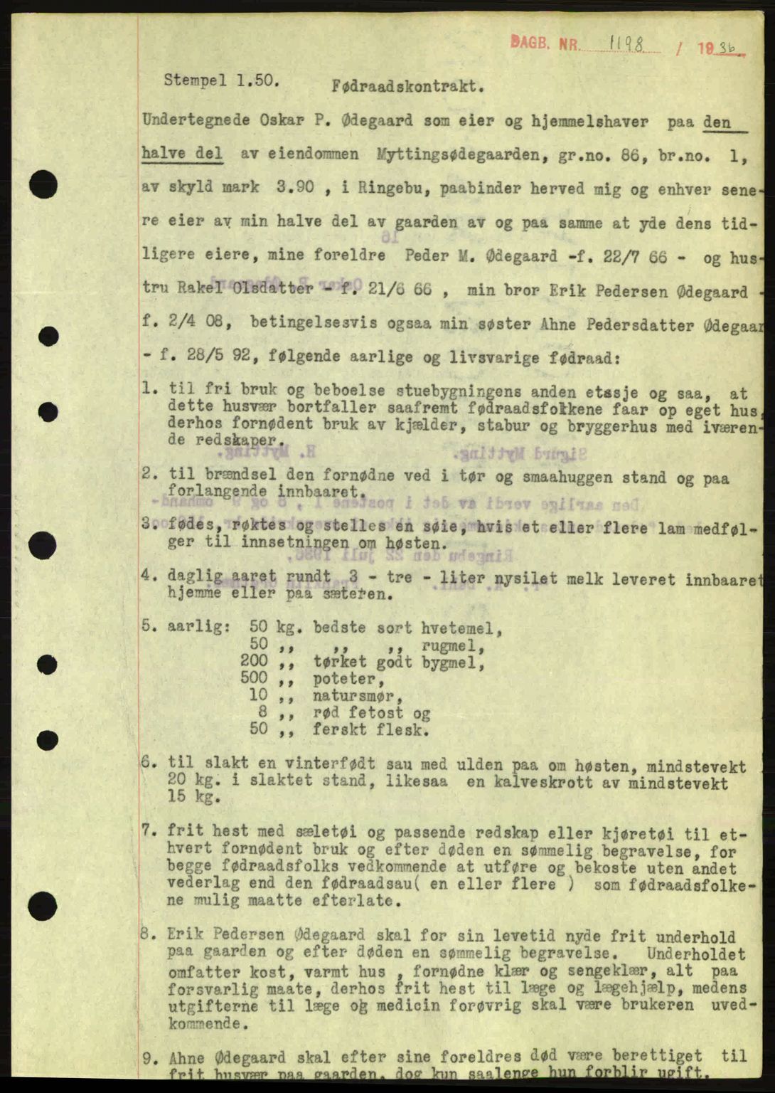 Sør-Gudbrandsdal tingrett, SAH/TING-004/H/Hb/Hbe/L0001: Mortgage book no. B1, 1936-1939, Diary no: : 1198/1936