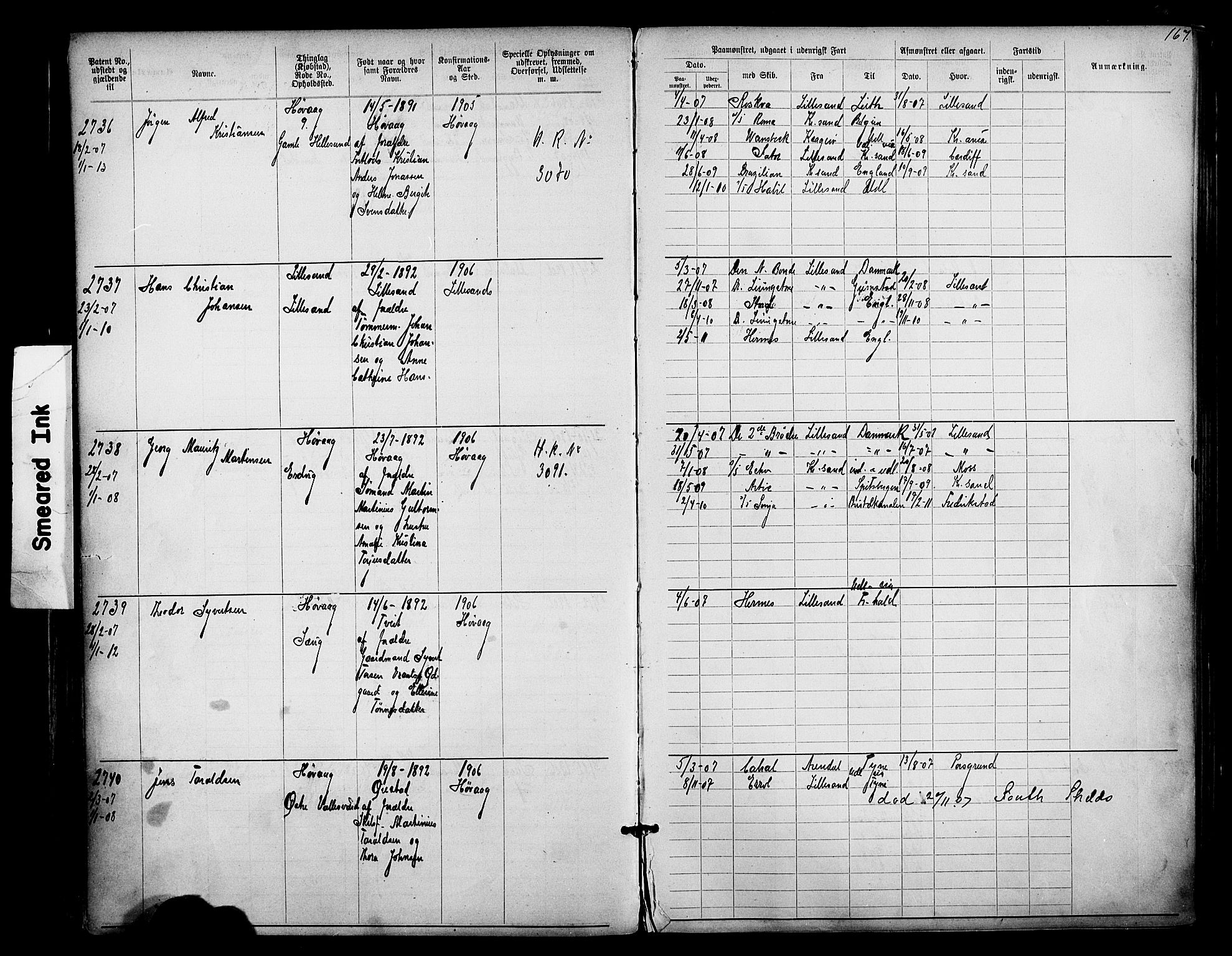 Lillesand mønstringskrets, AV/SAK-2031-0014/F/Fa/L0003: Annotasjonsrulle nr 1911-3489 med register, W-9, 1891-1932, p. 196