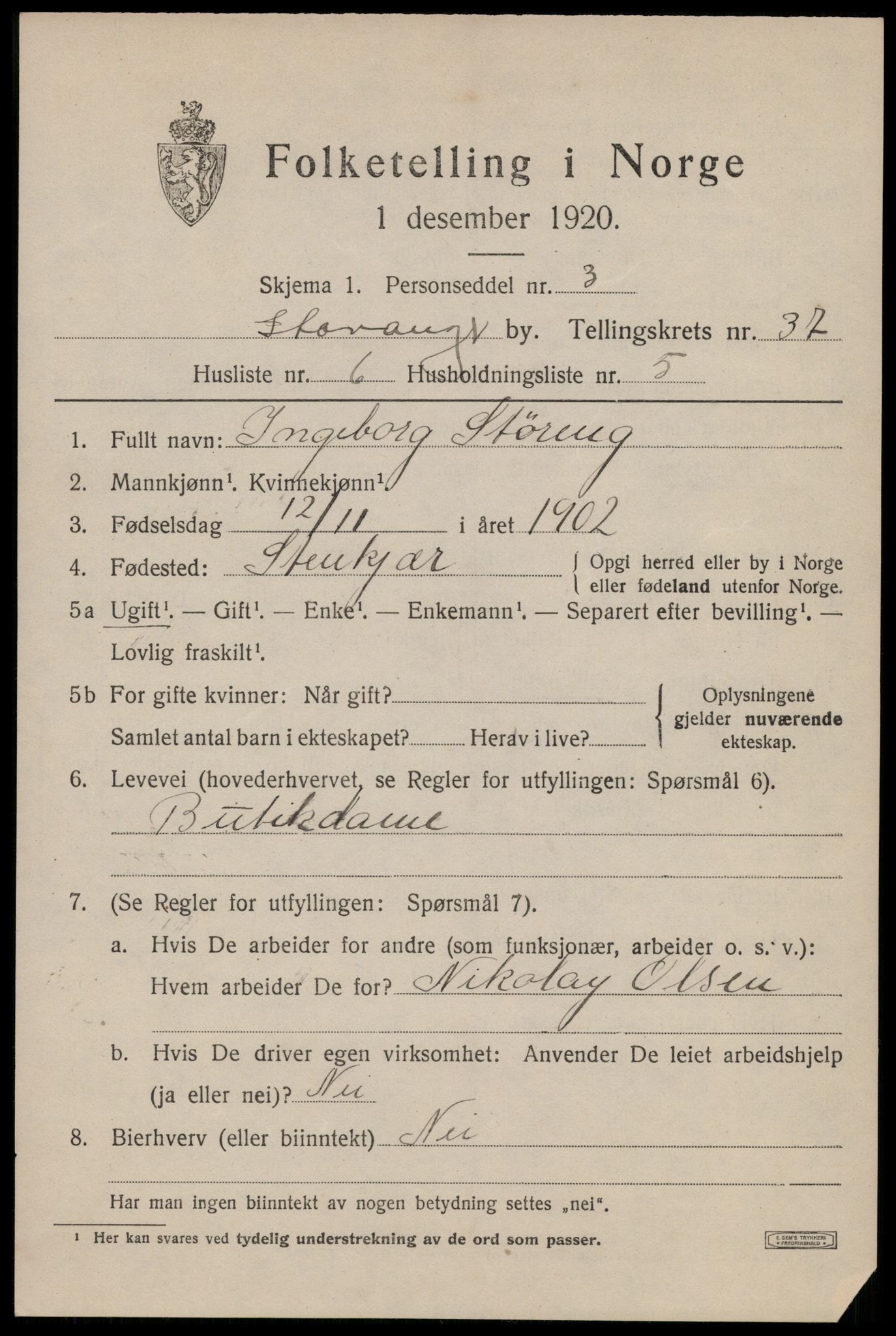 SAST, 1920 census for Stavanger, 1920, p. 97370