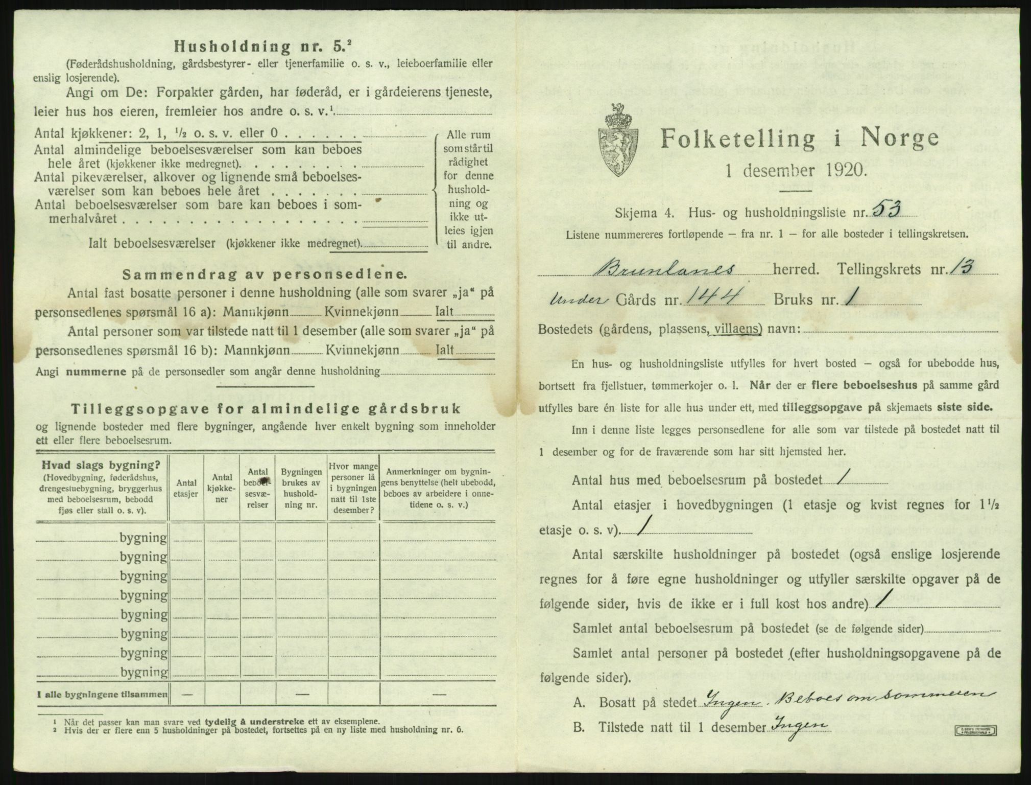 SAKO, 1920 census for Brunlanes, 1920, p. 1855