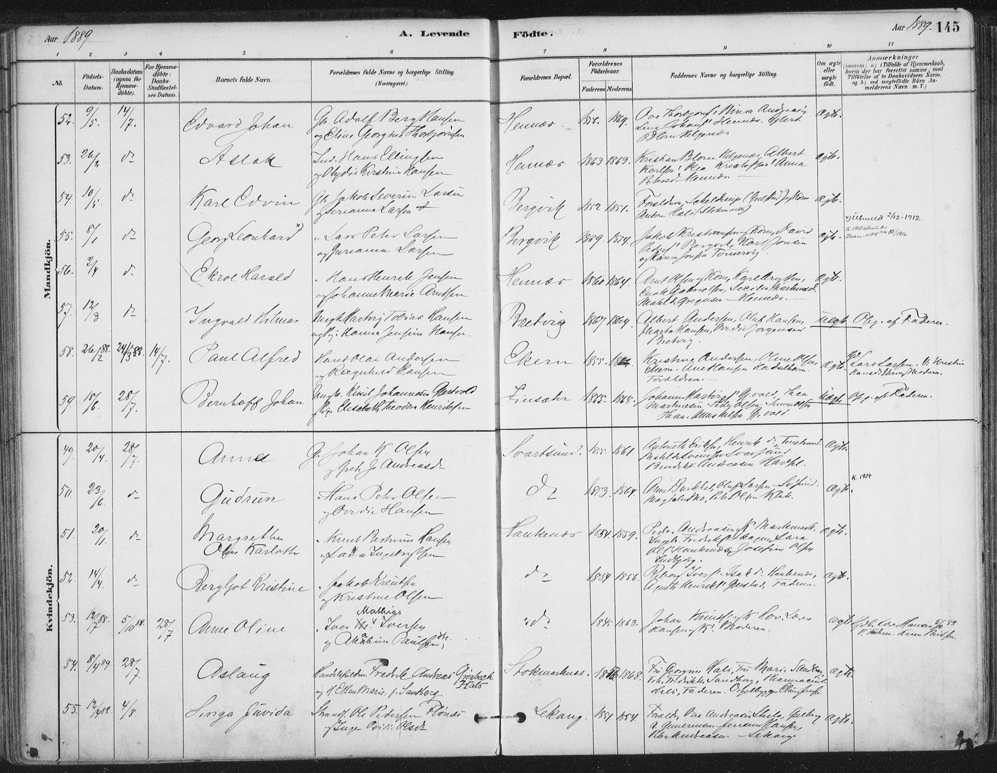 Ministerialprotokoller, klokkerbøker og fødselsregistre - Nordland, SAT/A-1459/888/L1244: Parish register (official) no. 888A10, 1880-1890, p. 145