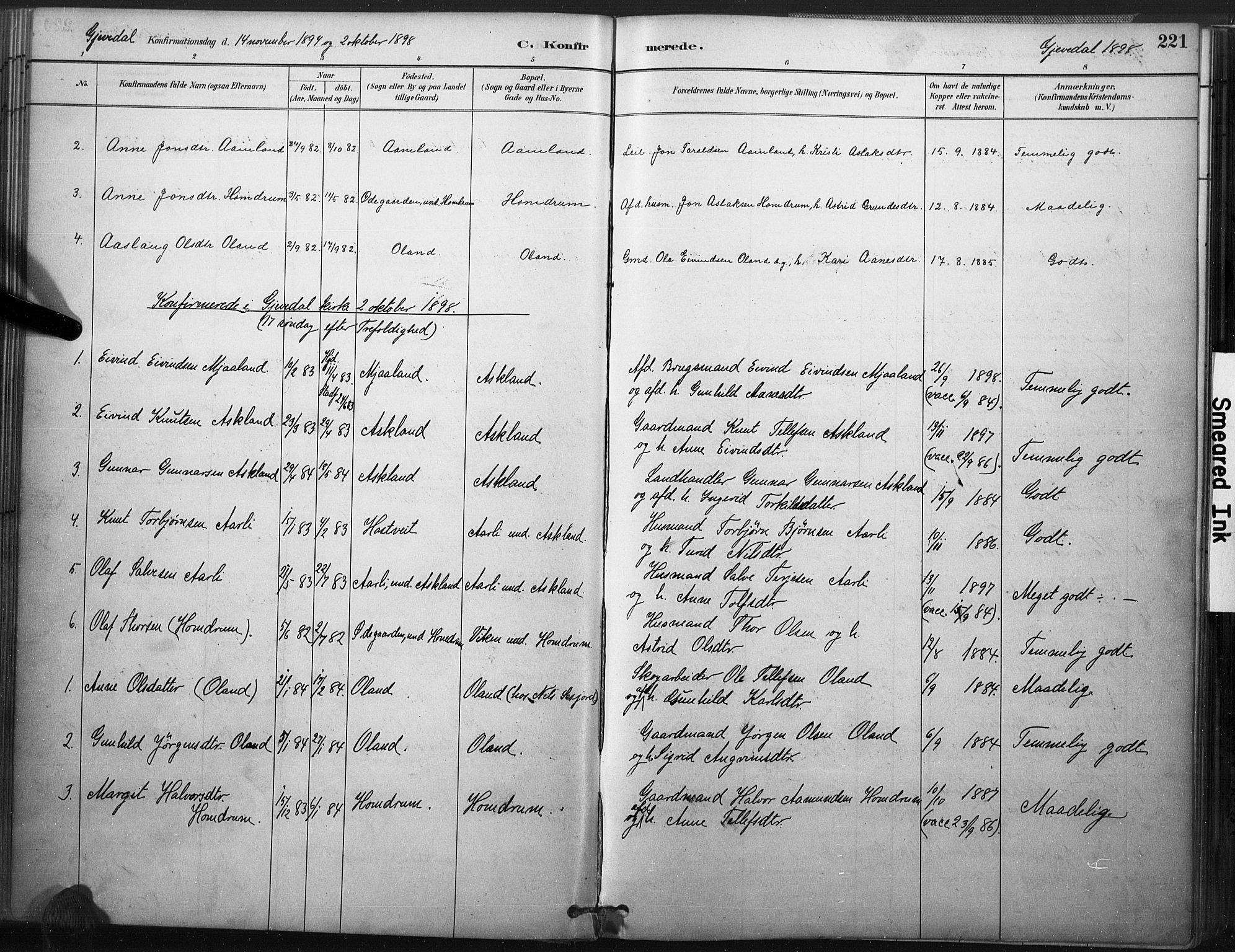 Åmli sokneprestkontor, SAK/1111-0050/F/Fa/Fac/L0010: Parish register (official) no. A 10 /2, 1885-1899, p. 221