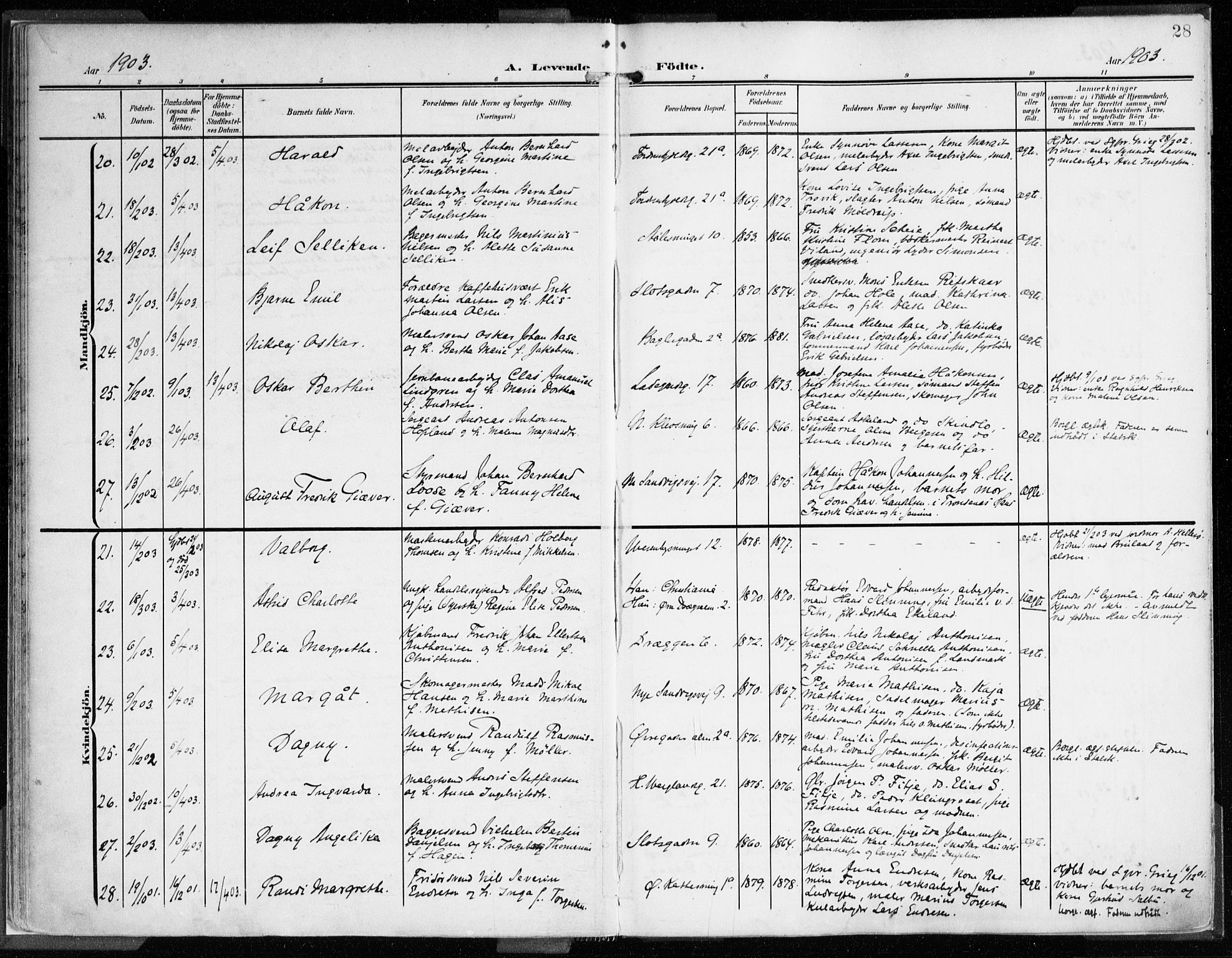 Mariakirken Sokneprestembete, AV/SAB-A-76901/H/Haa/L0010: Parish register (official) no. B 1, 1901-1915, p. 28