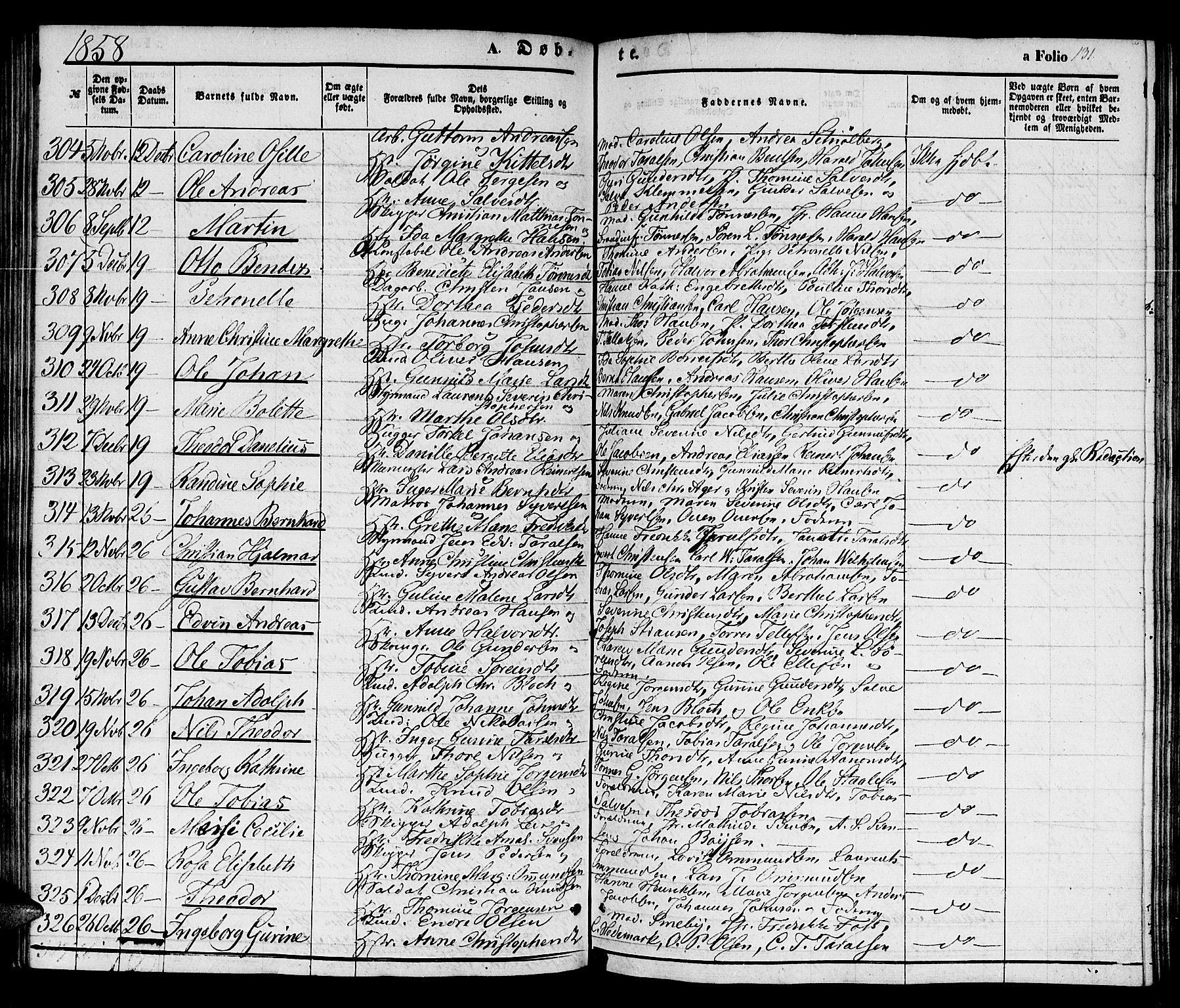 Kristiansand domprosti, SAK/1112-0006/F/Fb/L0011: Parish register (copy) no. B 11, 1851-1861, p. 131