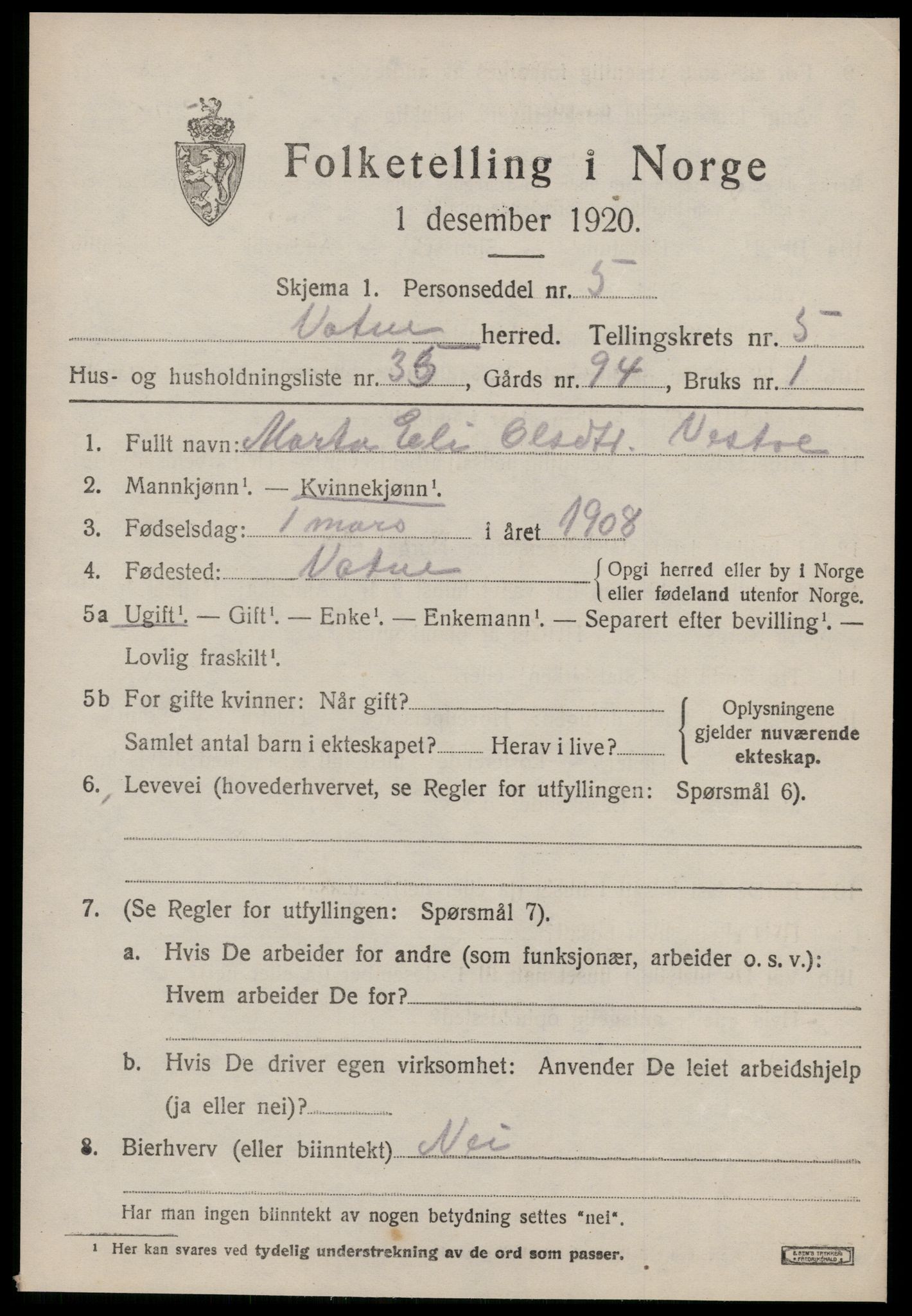 SAT, 1920 census for Vatne, 1920, p. 2686