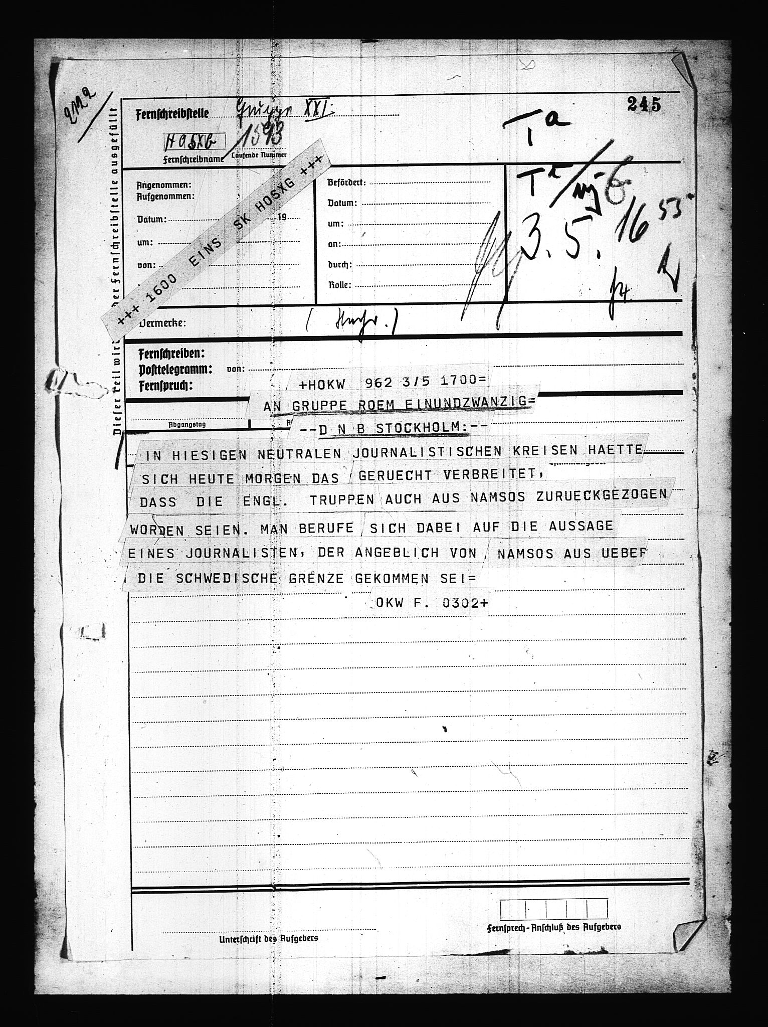 Documents Section, AV/RA-RAFA-2200/V/L0085: Amerikansk mikrofilm "Captured German Documents".
Box No. 724.  FKA jnr. 615/1954., 1940-1941, p. 3