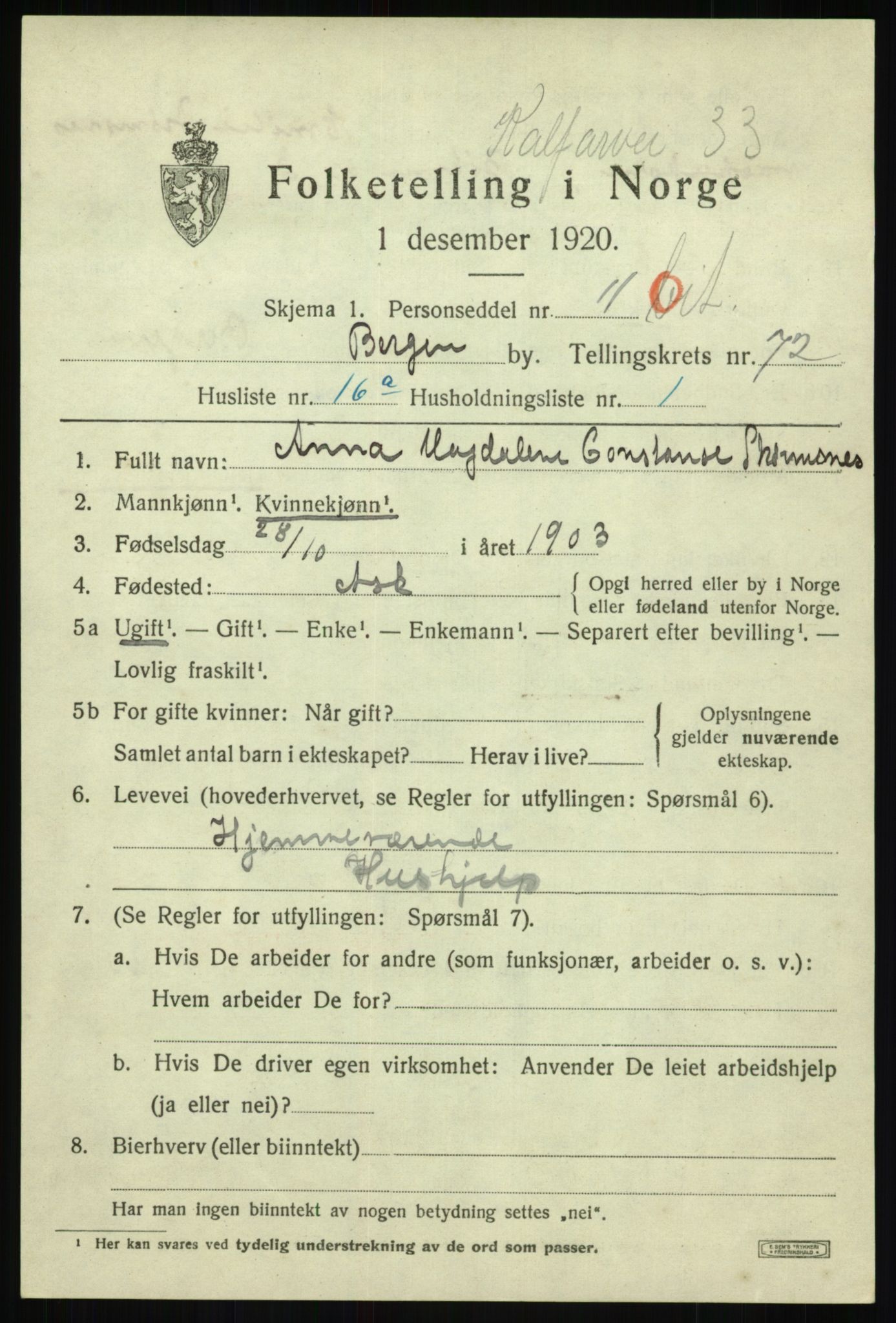 SAB, 1920 census for Bergen, 1920, p. 142356