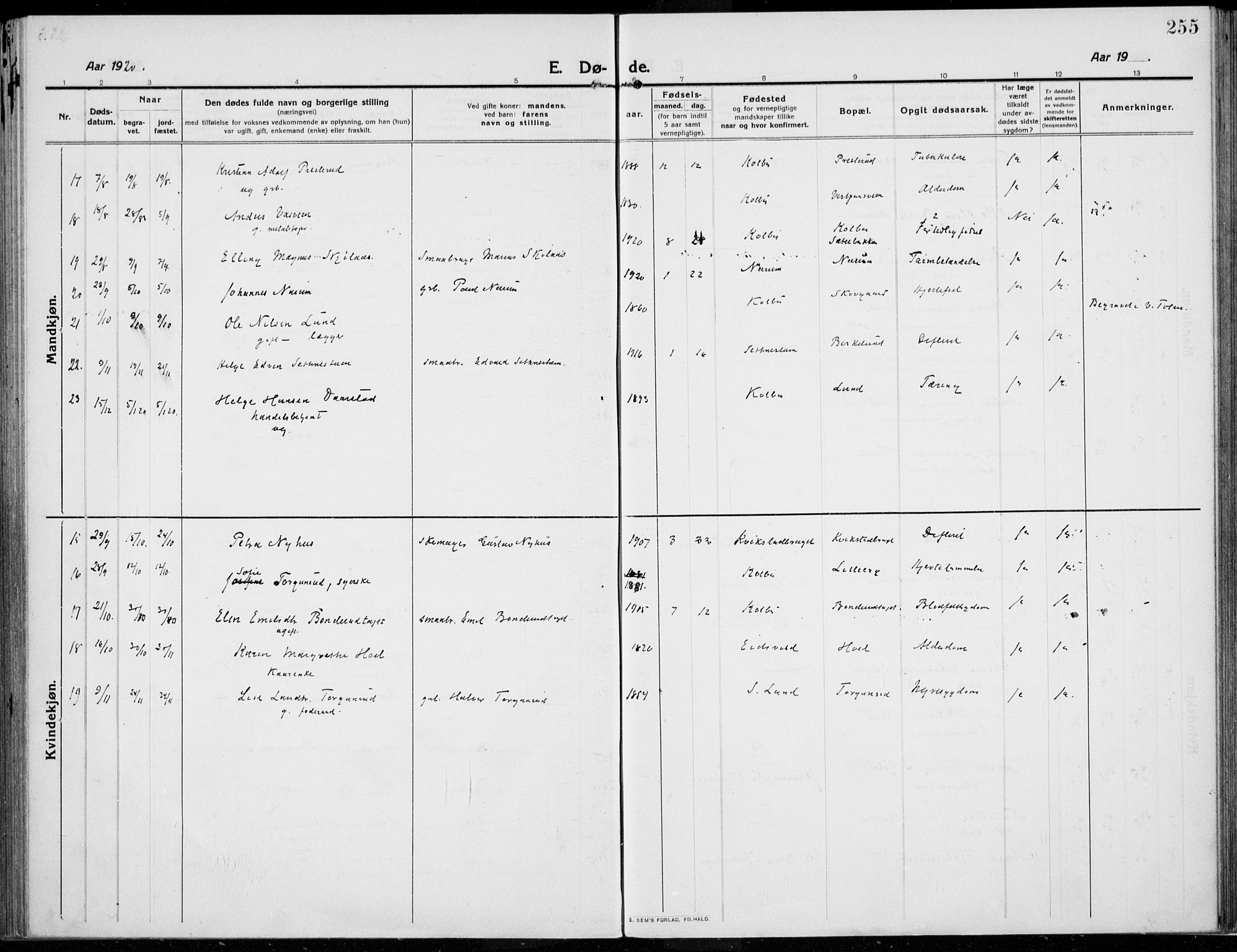 Kolbu prestekontor, SAH/PREST-110/H/Ha/Haa/L0002: Parish register (official) no. 2, 1912-1926, p. 255